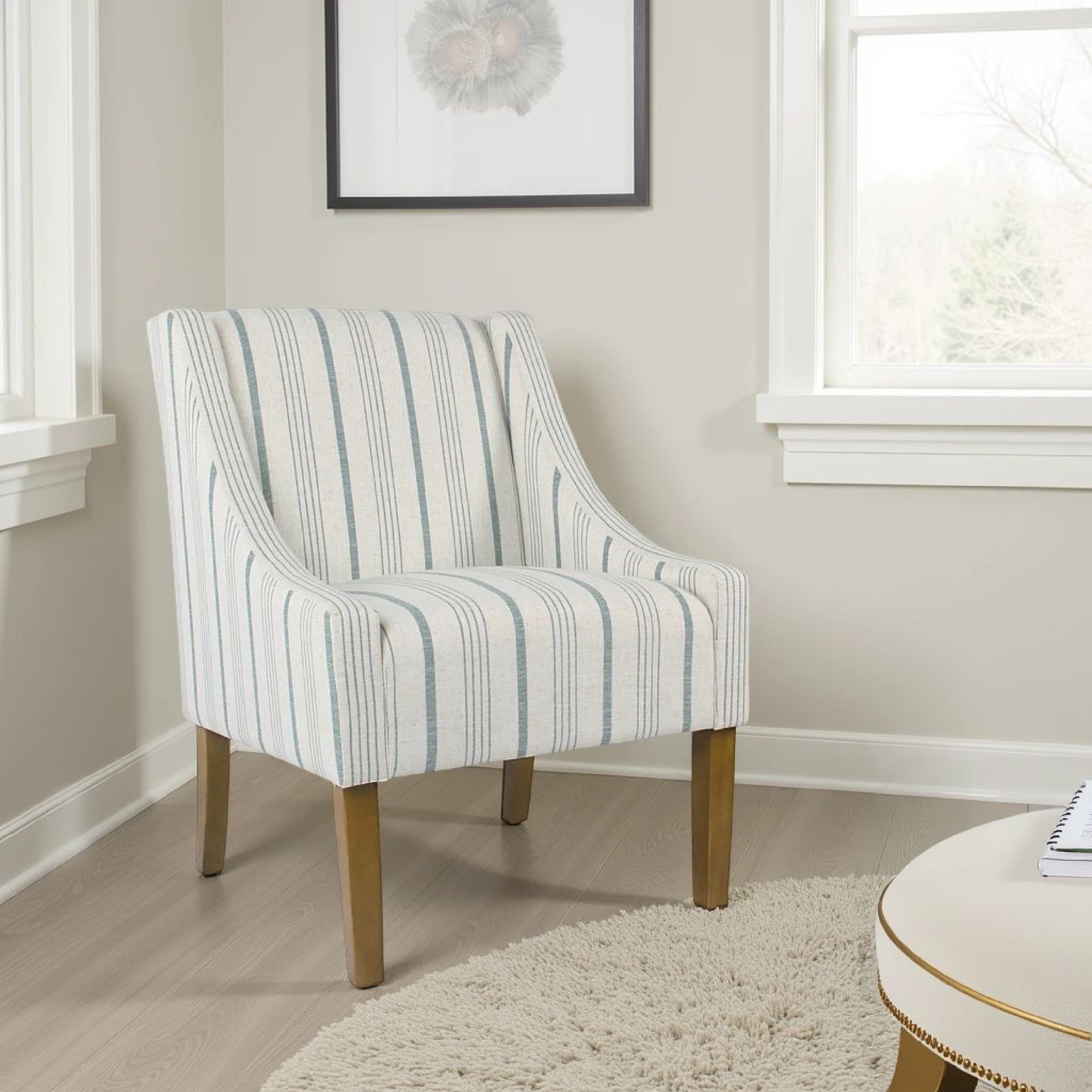 Stripe Pattern Fabric Upholstered Accent Chair With Wooden Legs Multicolor