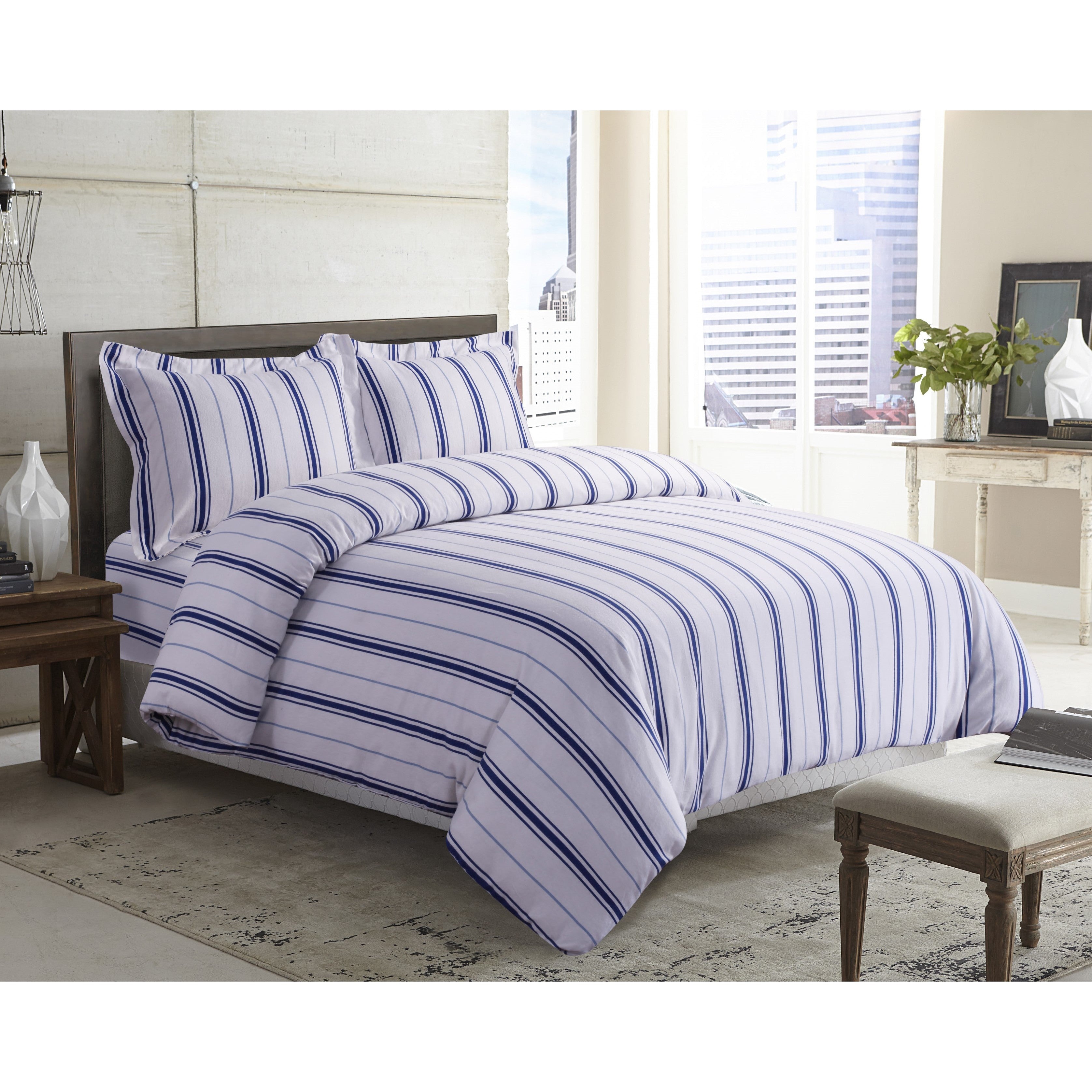 Stripe Printed 170 Gsm Flannel Oversize 3 Piece Duvet Cover Set