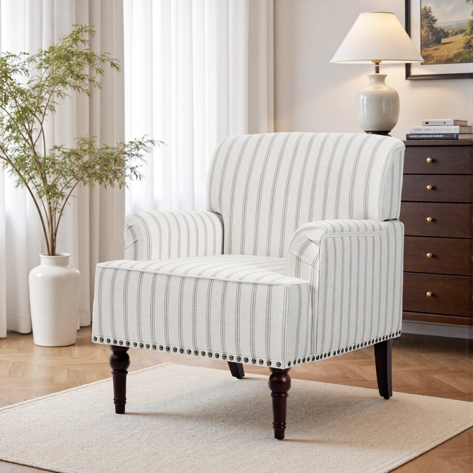 Striped Upholstered Linen Armchair With Brass Nailhead Trim