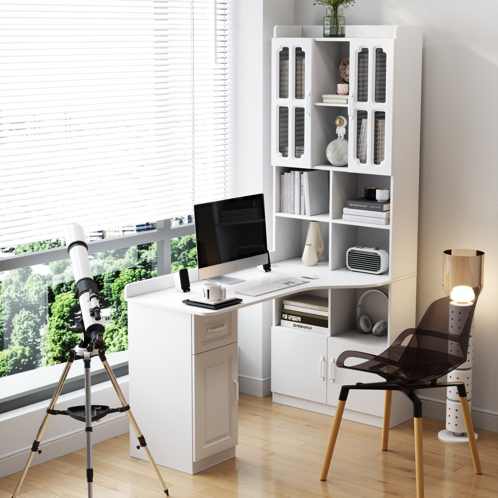 Study Modern Style Table With Drawers Bookshelf Hutch 2 In 1 L Shaped Design