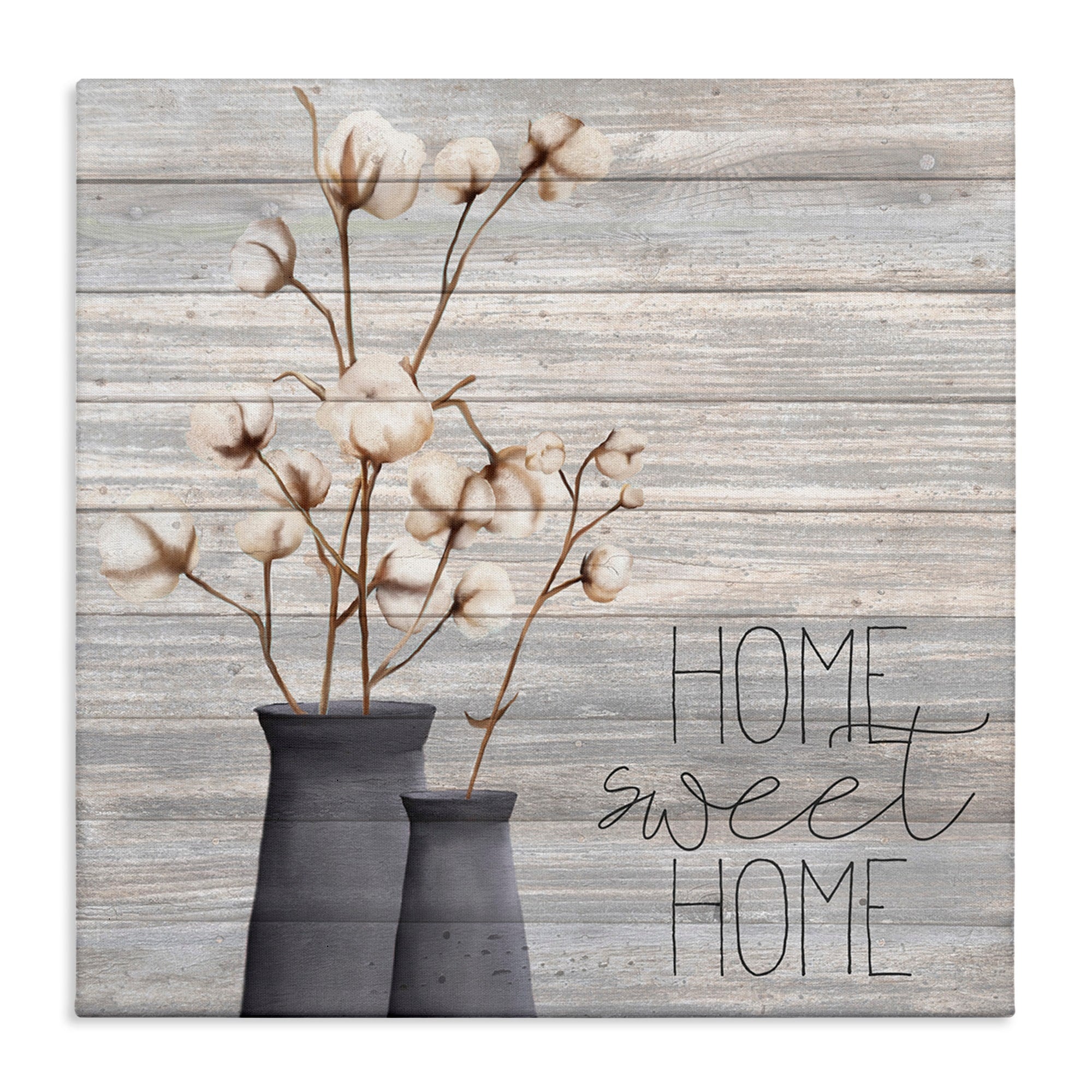 The Stupell Home Decor Grey Home Sweet Home Cotton Flowers In Vase Canvas Wall Art 17 X 17 Proudly Made In Usa Multi Color