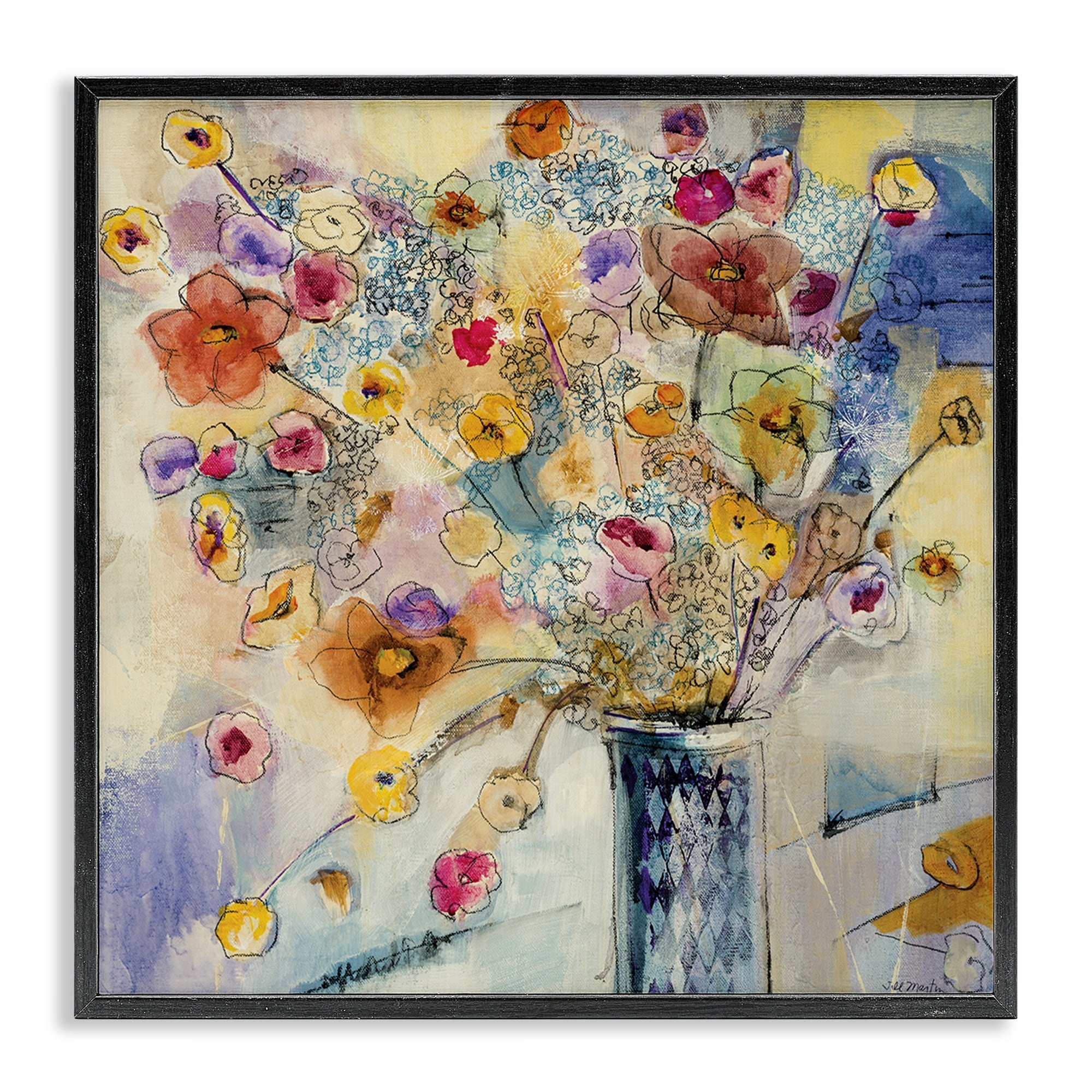 Painted Flowers Line Drawing Framed Giclee Texturized Art