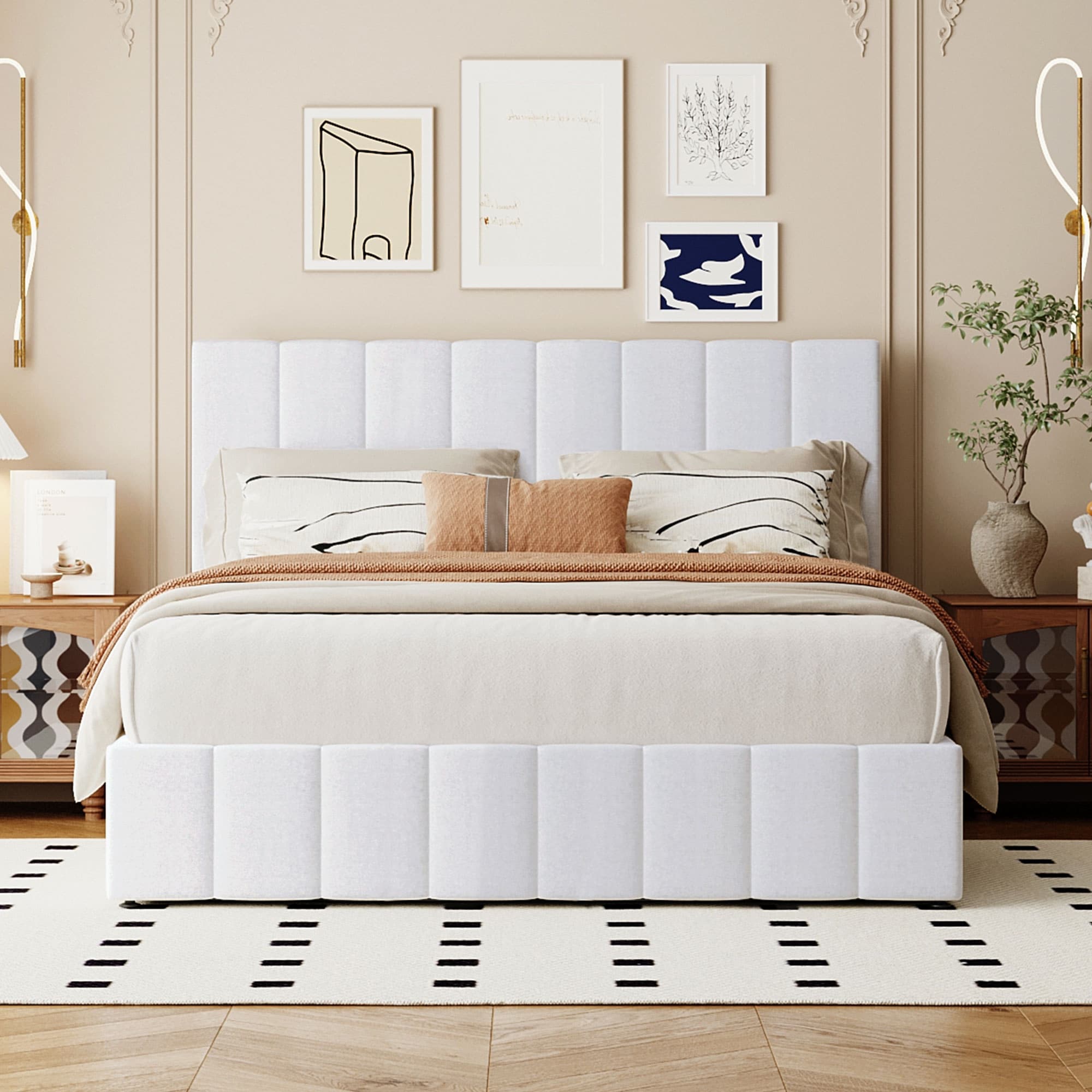 Full Queen Sturdy Platform Bed With Hydraulic Lift Storage And Linen Headboard