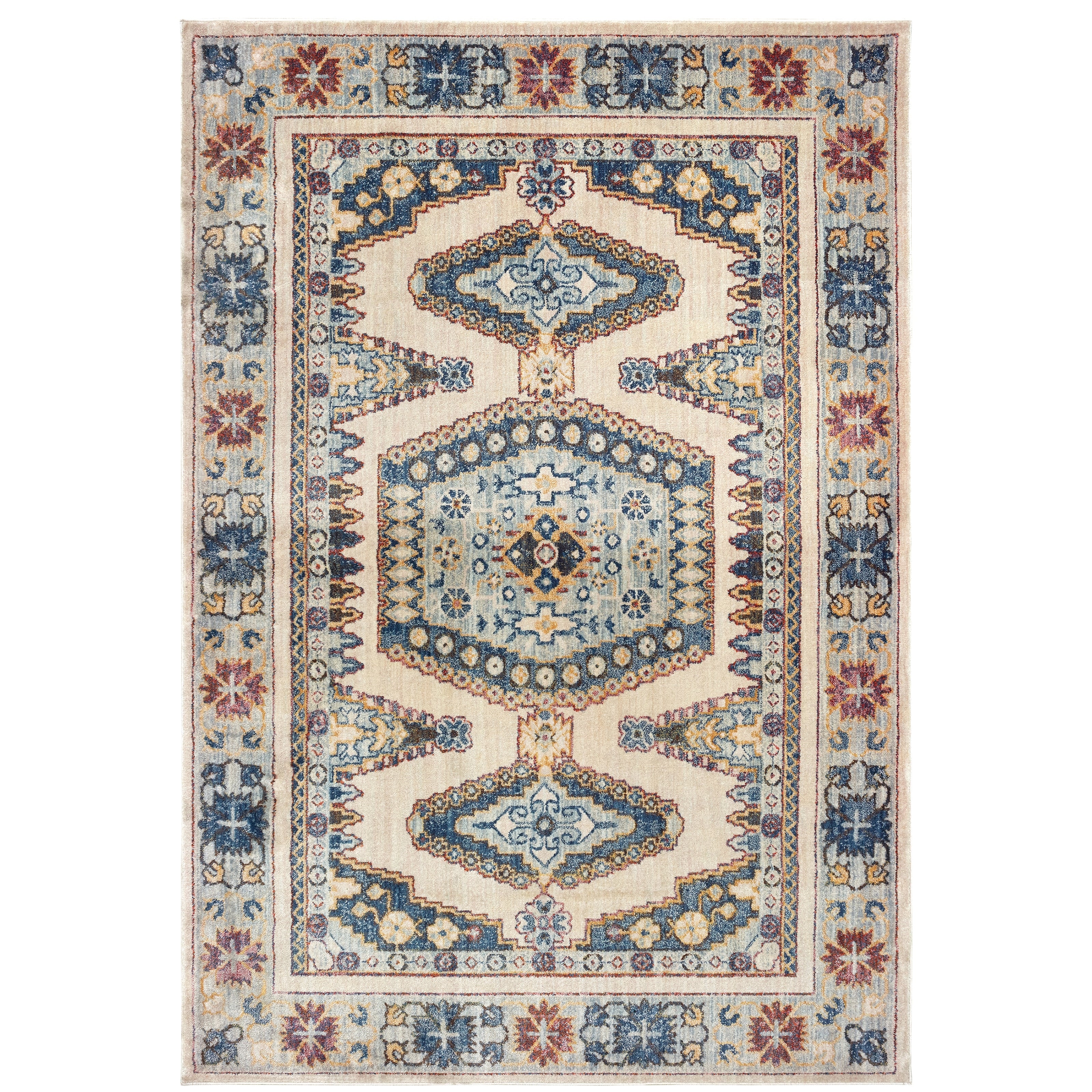 Tribal Medallion Ivory Blue Area Rug 910 X 1210