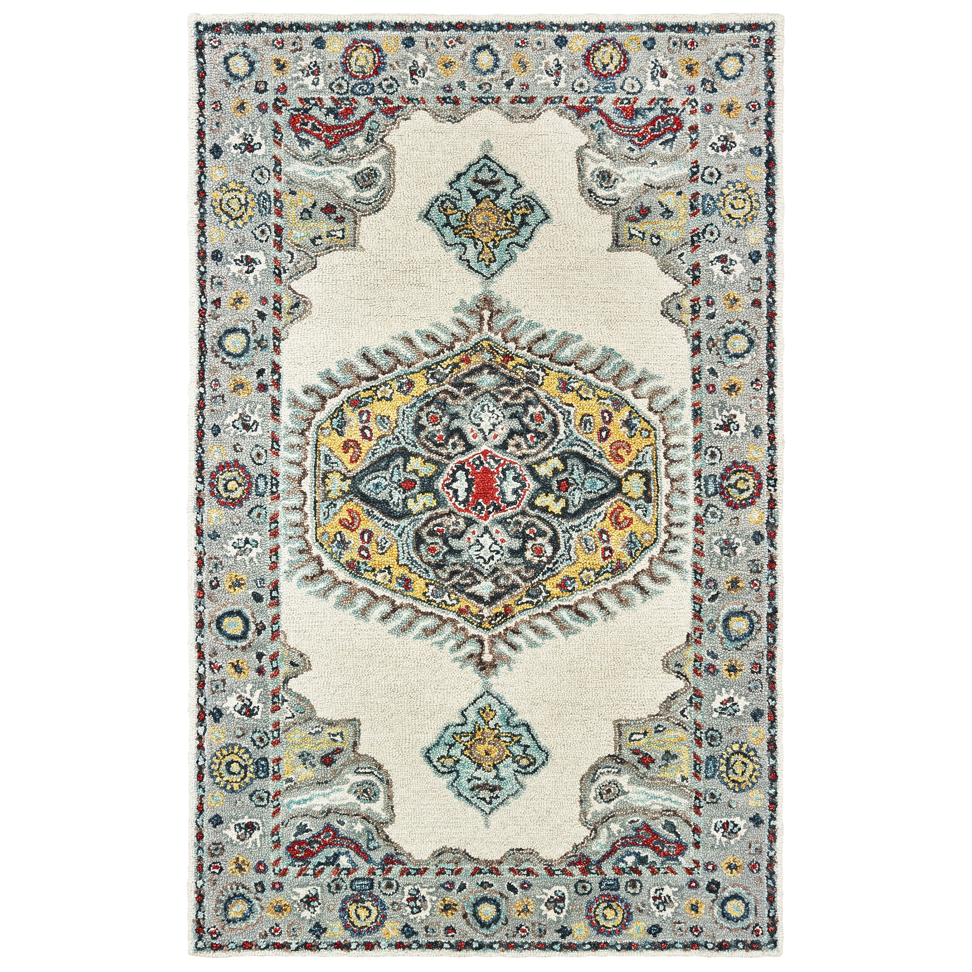 Traditional Medallion Hand Tufted Wool Ivory Grey Area Rug 10 X 13
