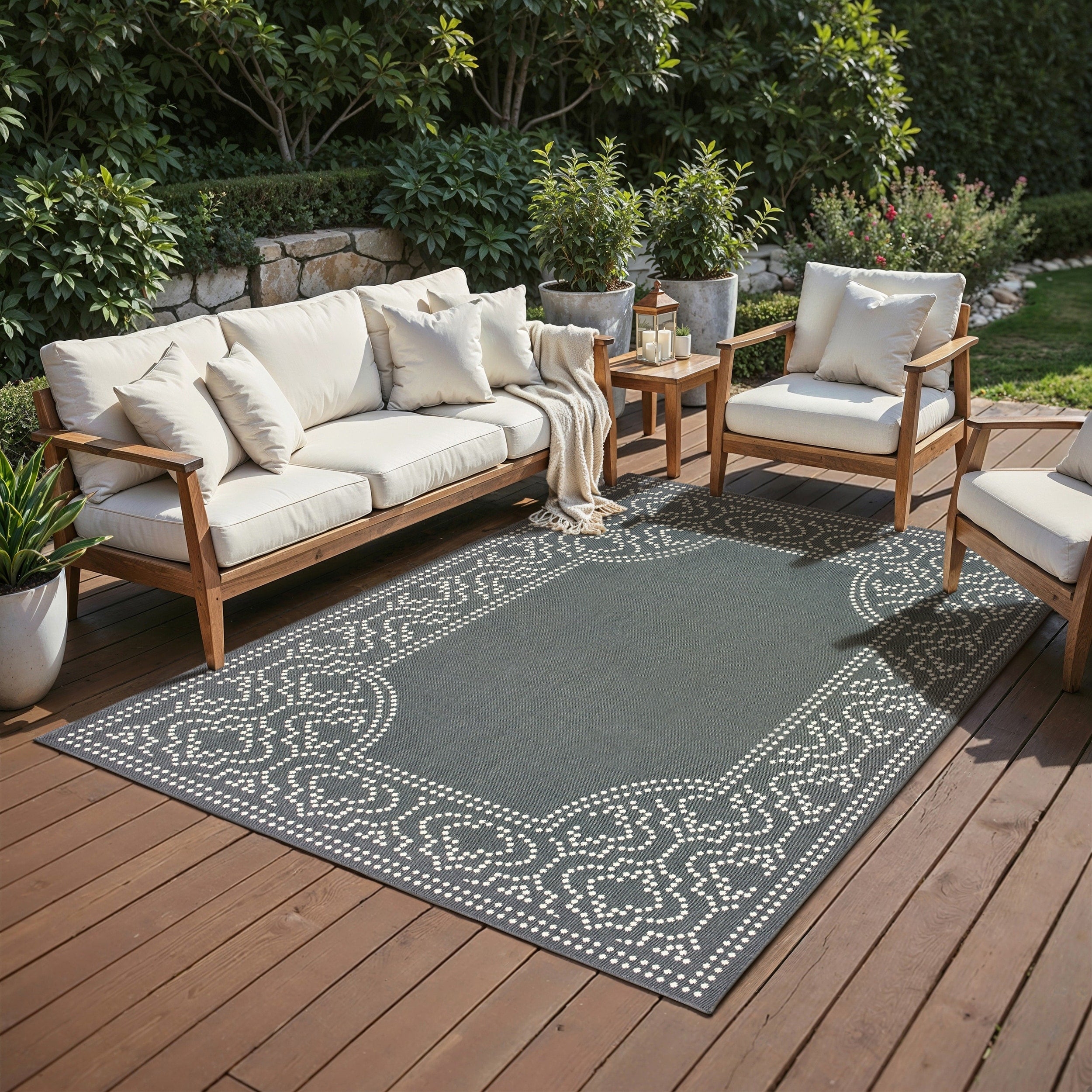 Updated Border Black Ivory Loop Pile Indoor Outdoor Area Rug 710 Round