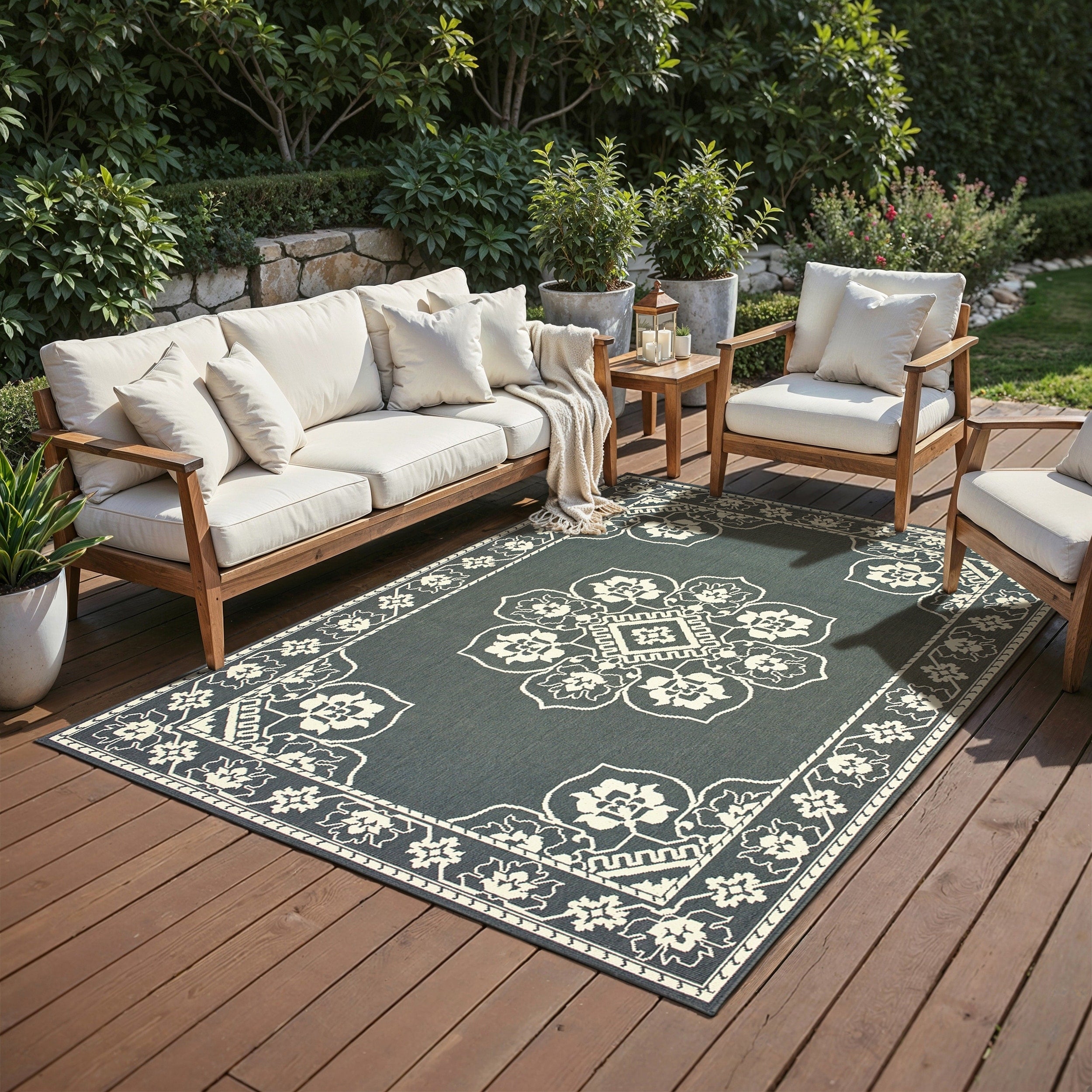 Bordered Medallion Grey Ivory Loop Pile Indoor Outdoor Area Rug 86 X 13