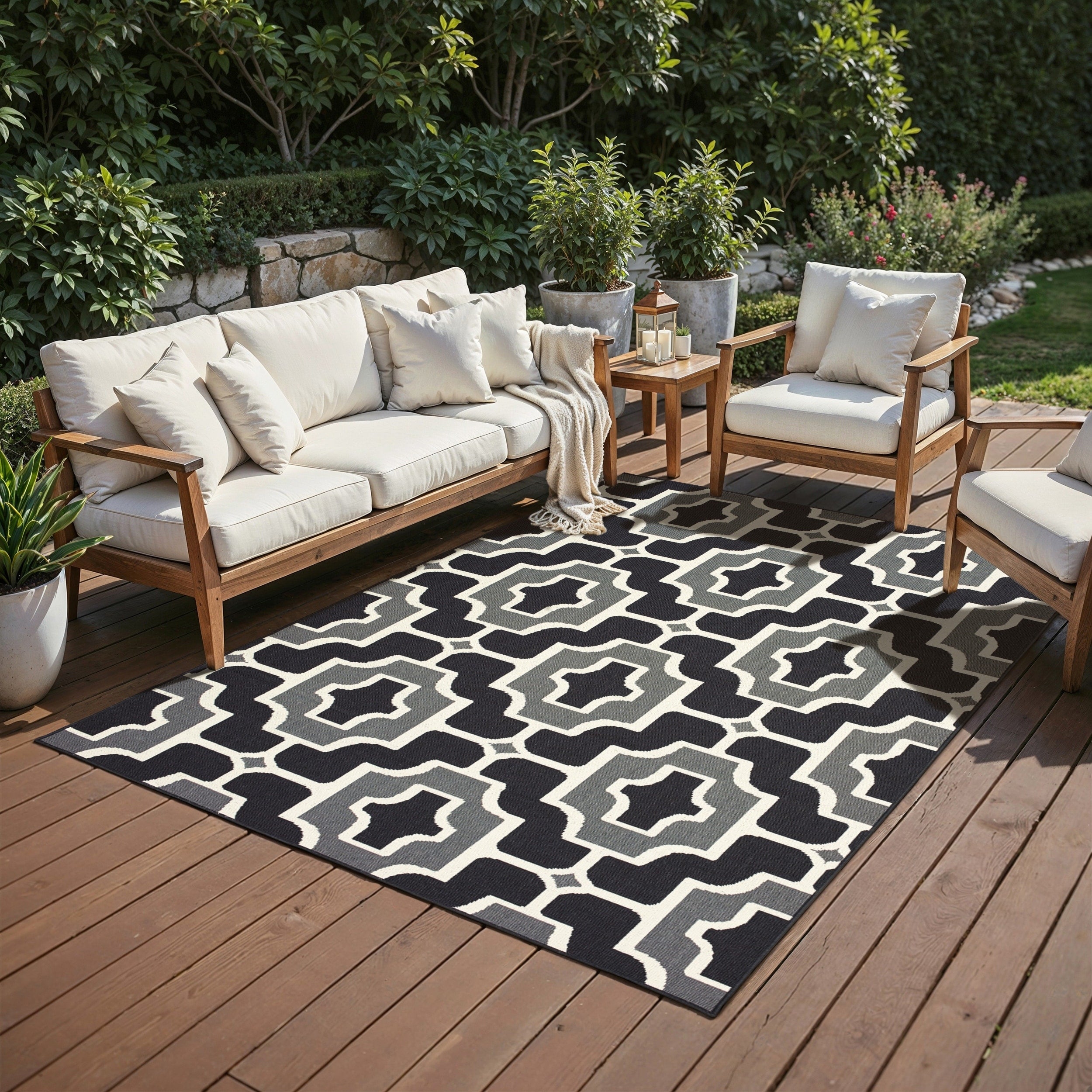 Geometric Tile Black Grey Loop Pile Indoor Outdoor Area Rug 25 X 45