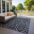 Medallion Lattice Navy Ivory Loop Pile Indoor Outdoor Area Rug 710 X 1010