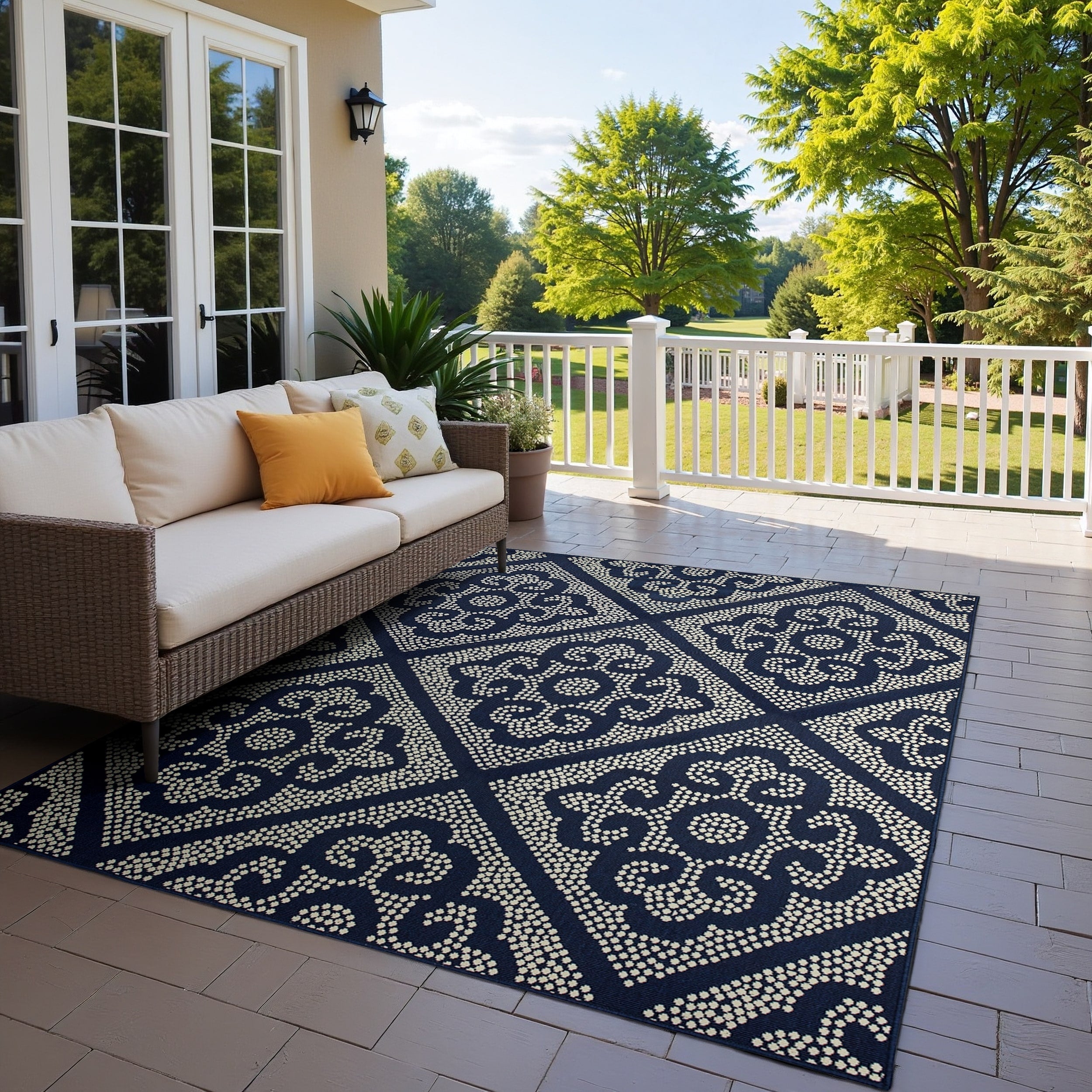 Medallion Lattice Navy Ivory Loop Pile Indoor Outdoor Area Rug 710 X 1010