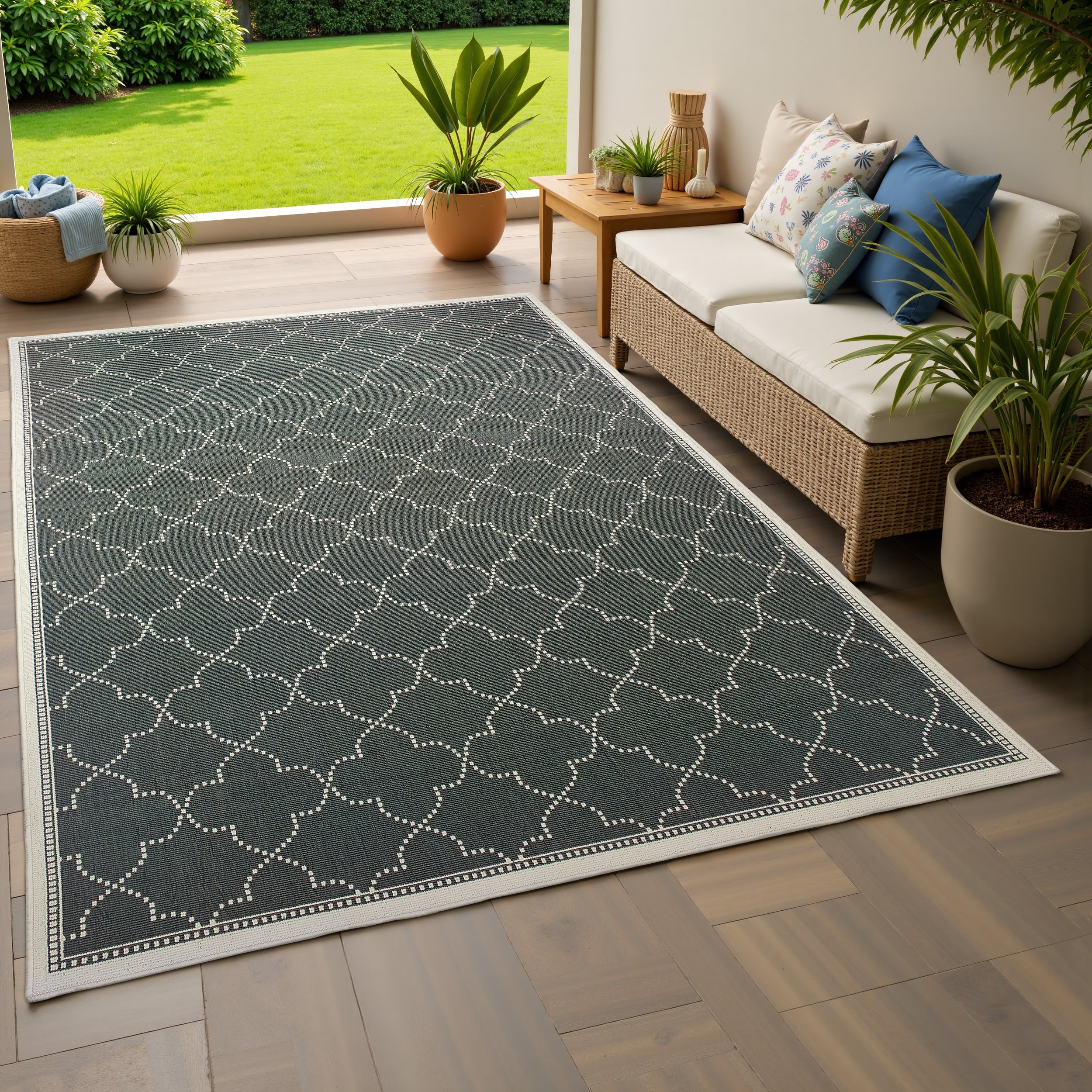 Simple Lattice Navy Ivory Loop Pile Indoor Outdoor Area Rug 86 X 13