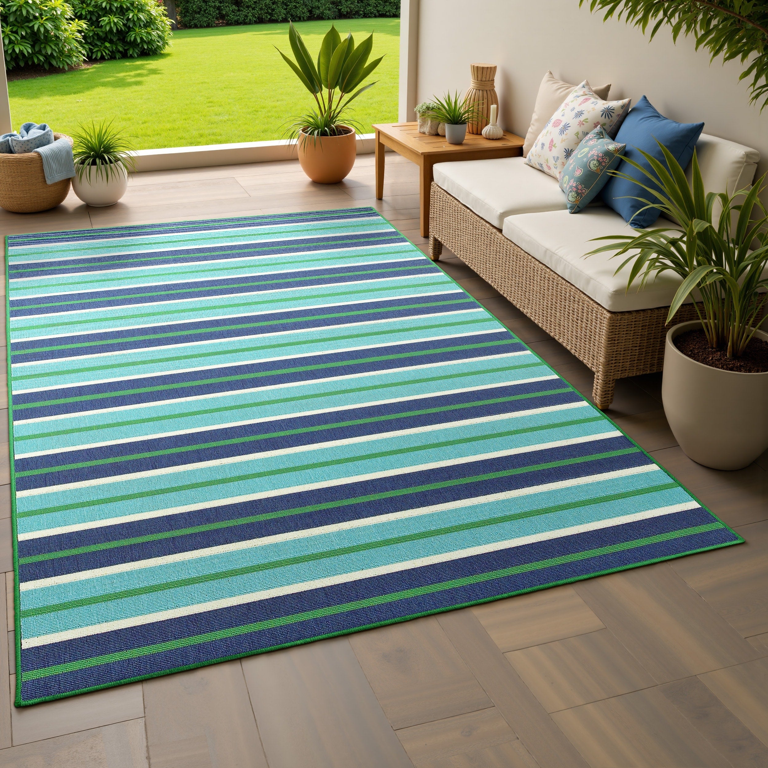 Stylehaven Striped Blue Green Indoor Outdoor Area Rug 86X13 86 X 13