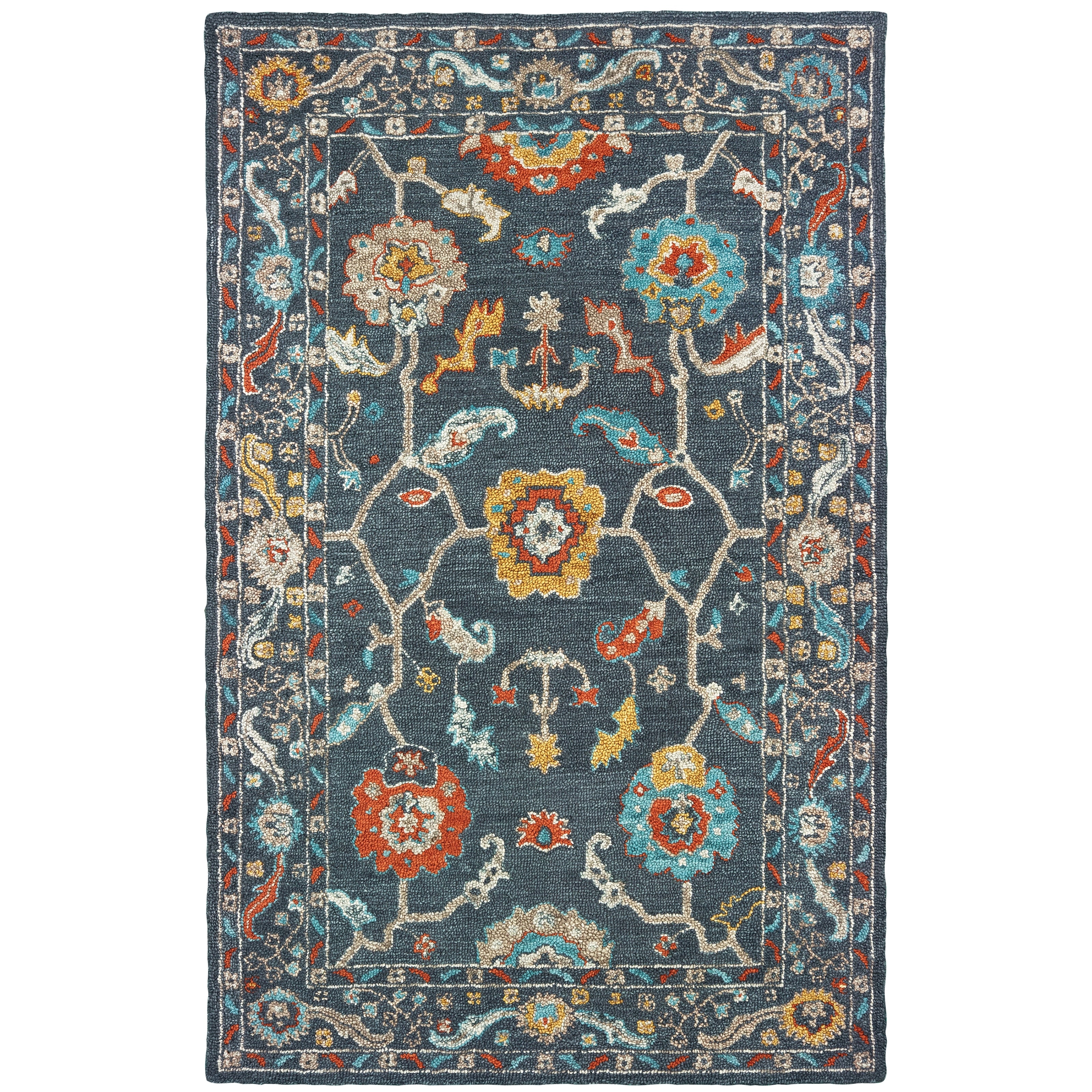 Floral Tribal Hand Tufted Wool Blue Gold Area Rug 10 X 13