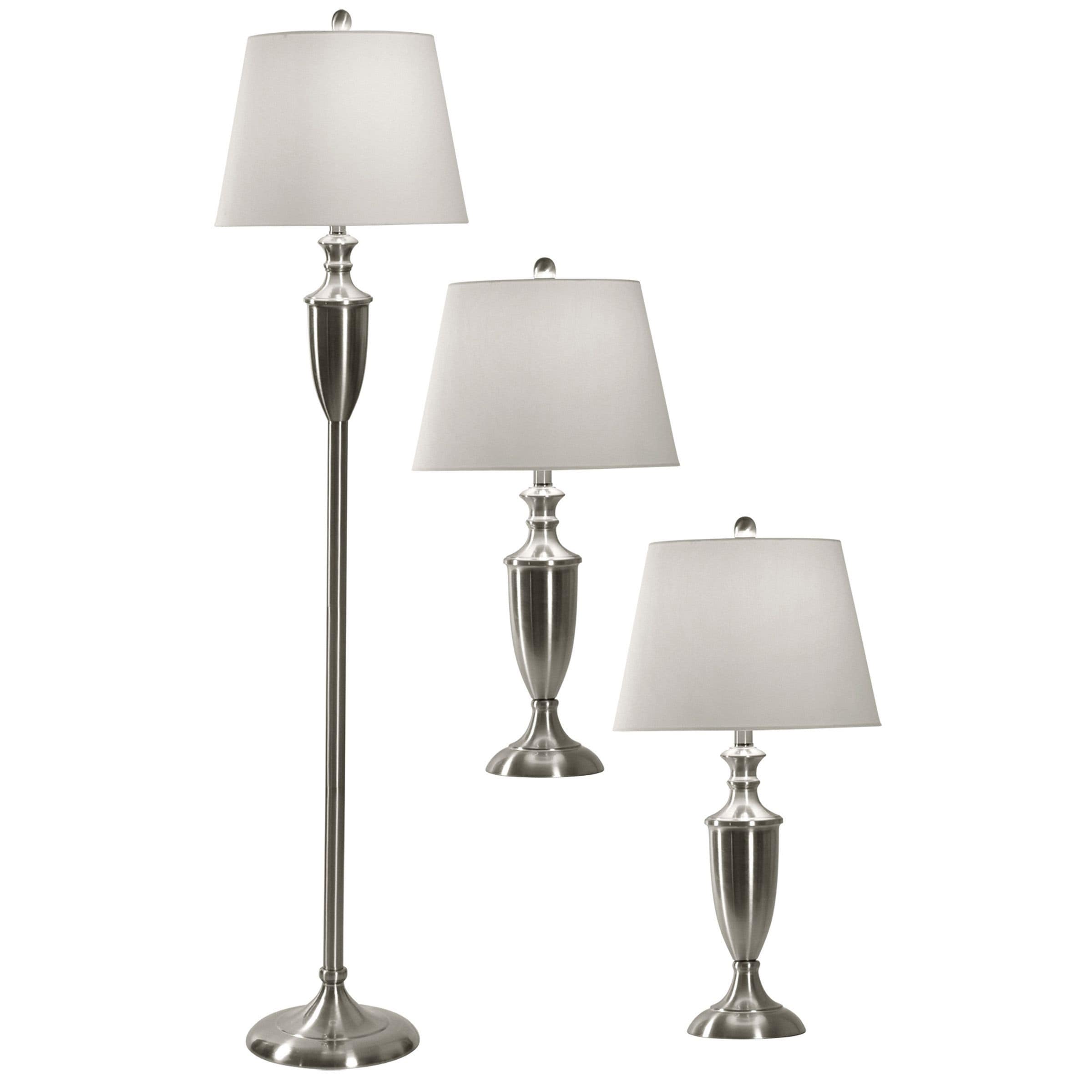 Brushed Steel Table And Floor Lamp Geneva Off White Hardback Fabric Shade Set Of 3