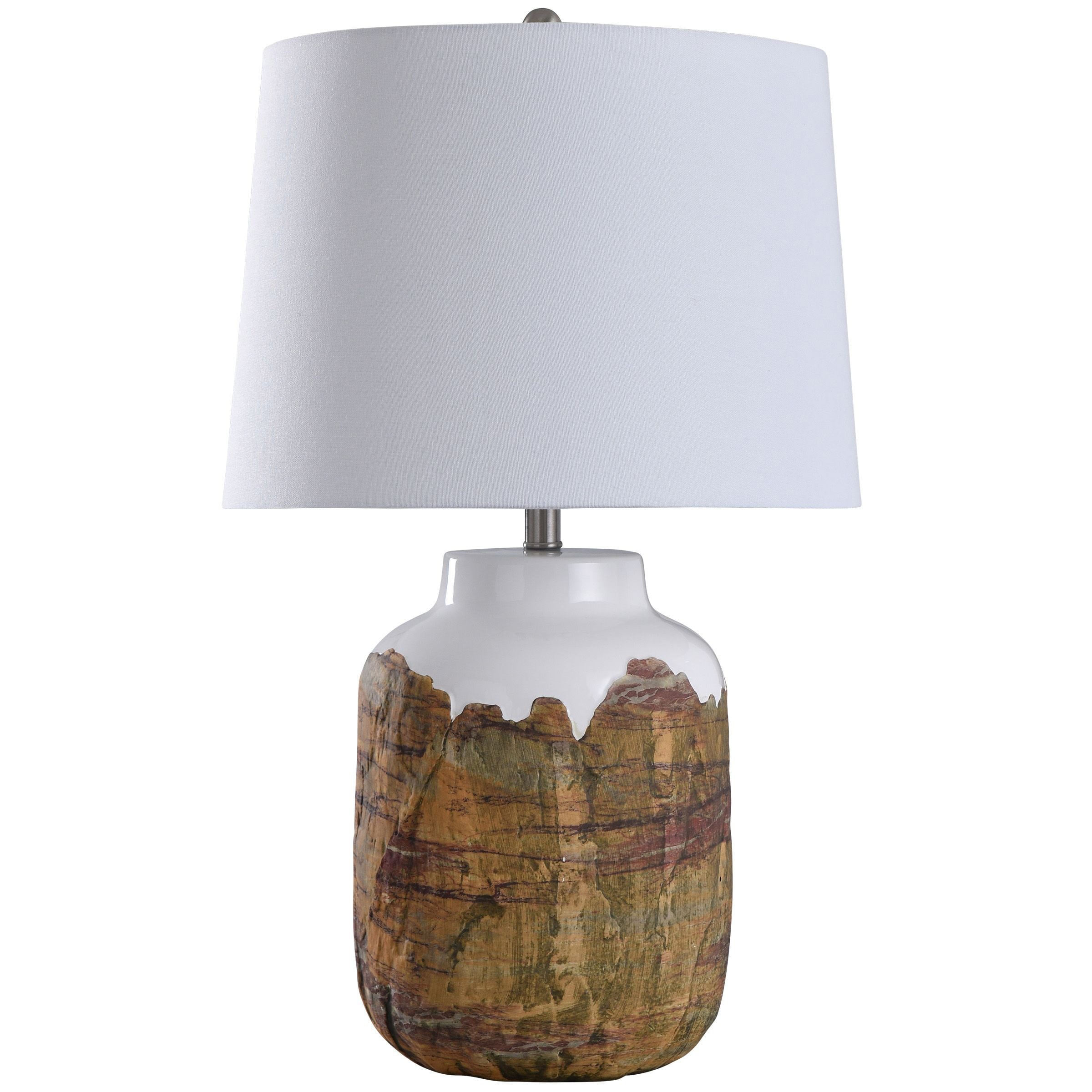 Canyon Brown And White Textured Cylinder Ceramic Table Lamp With White Tapered Drum Shade