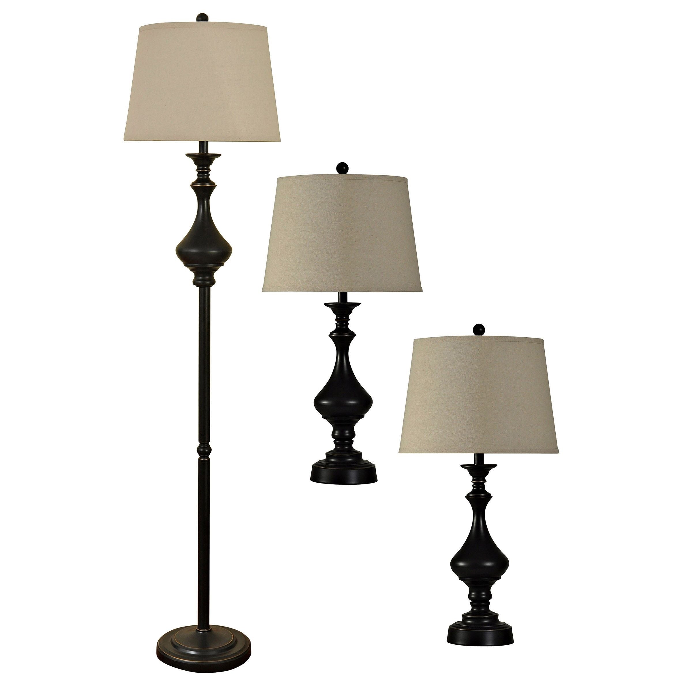 Madison Bronze Table And Floor Lamp Set White Hardback Fabric Shade Set Of 3