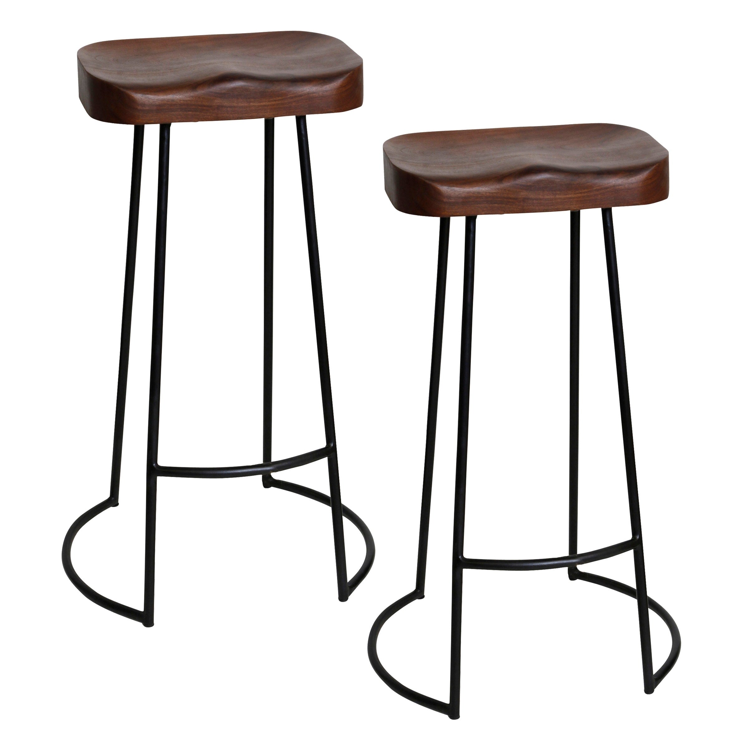 Stylecraft Saddle Frame Barstools Dark Brown Wood Seat Black Iron Frame Set Of 2