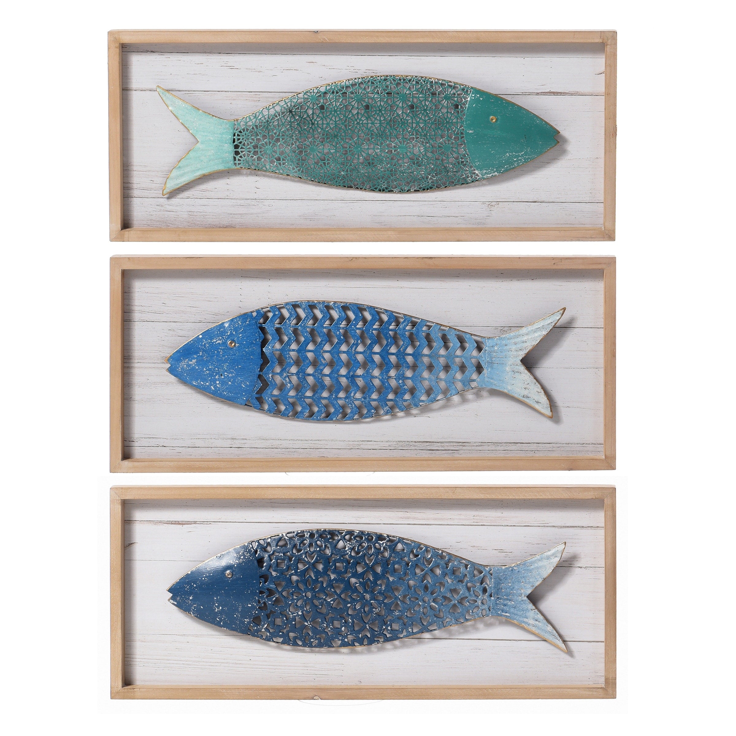 School Of Three Blue Metal Fish Wood Panels Set Of 3