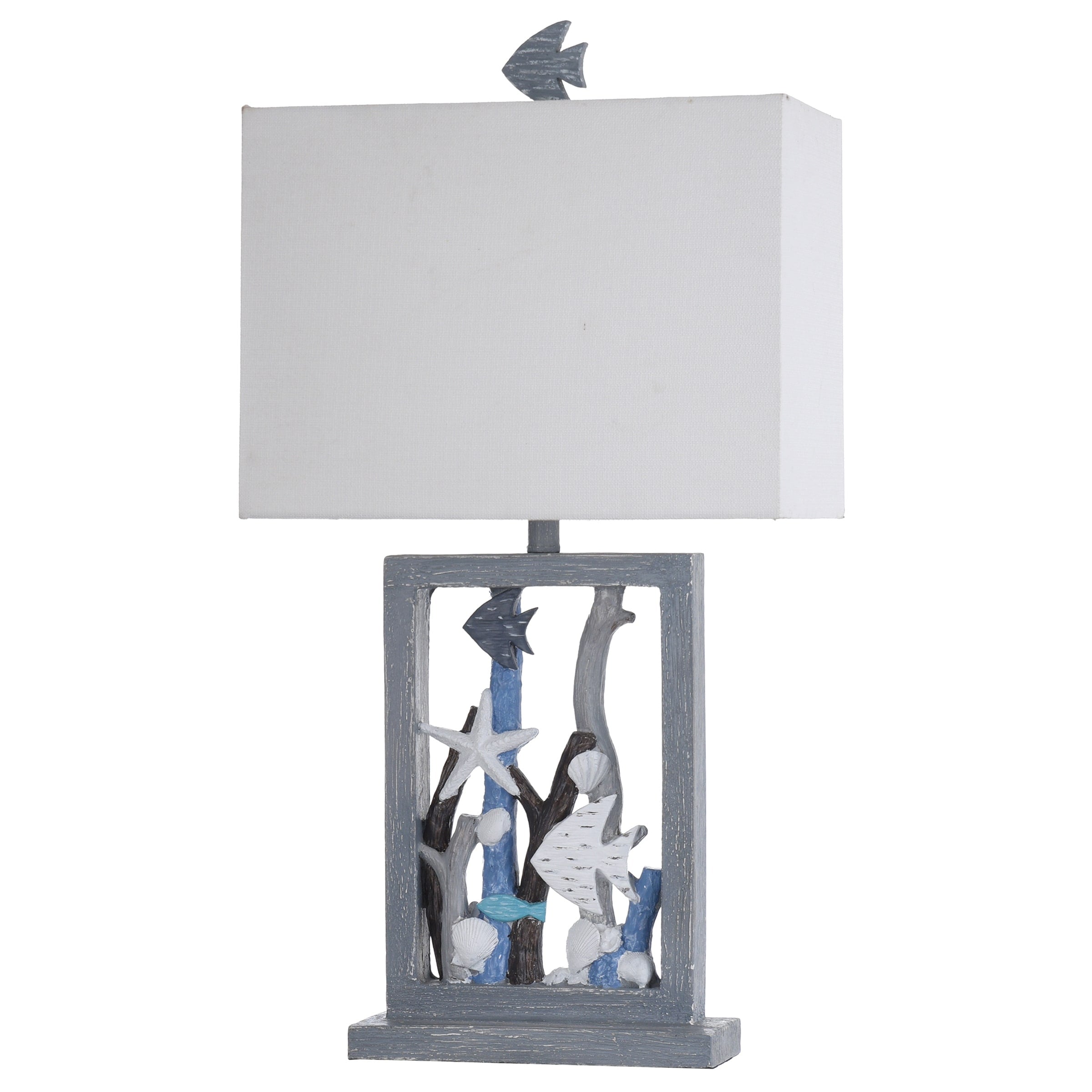 Seaford Blue And Multi Neutral Framed Seascape Fish Starfish And Driftwood Table Lamp With White Rectangle Shade