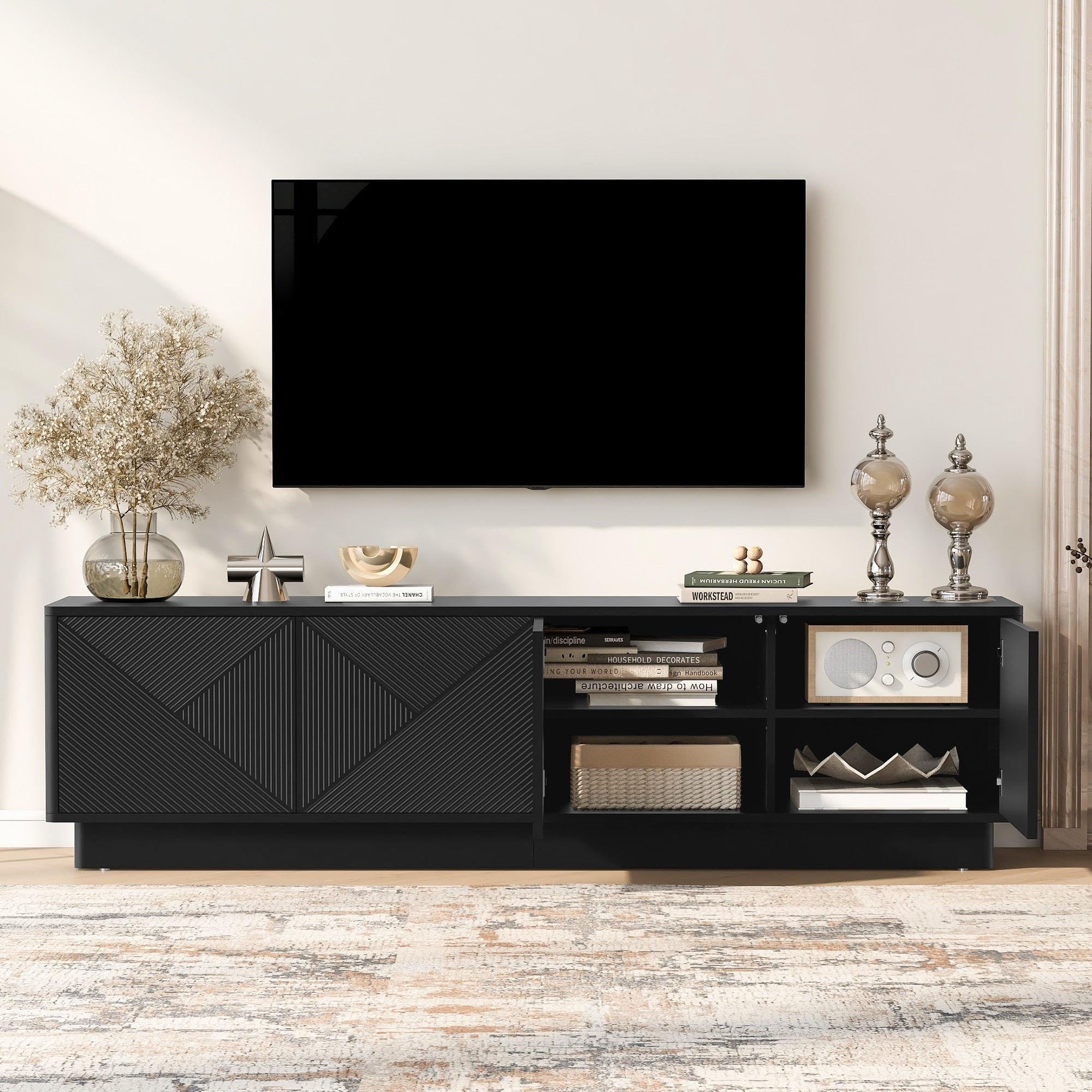 Stylish 4 Door Wave Design Cabinet With Adjustable Shelves And Led Accent Lighting