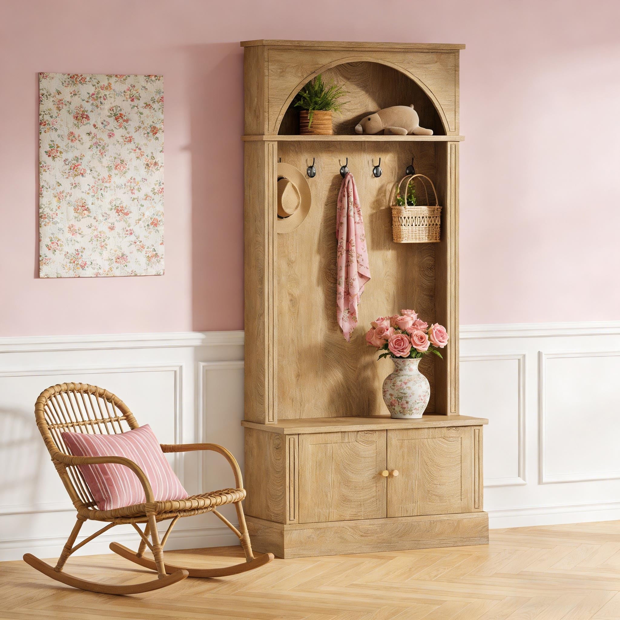 Stylish Hall Tree With Top Shelf Coat Hooks And Shoe Cabinet