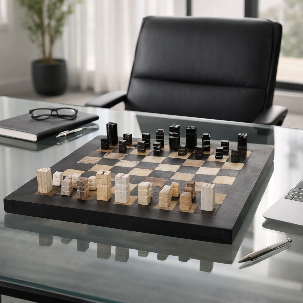 Stylish Petrified Wood Chess Game Set 20 Black Ivory 20.0
