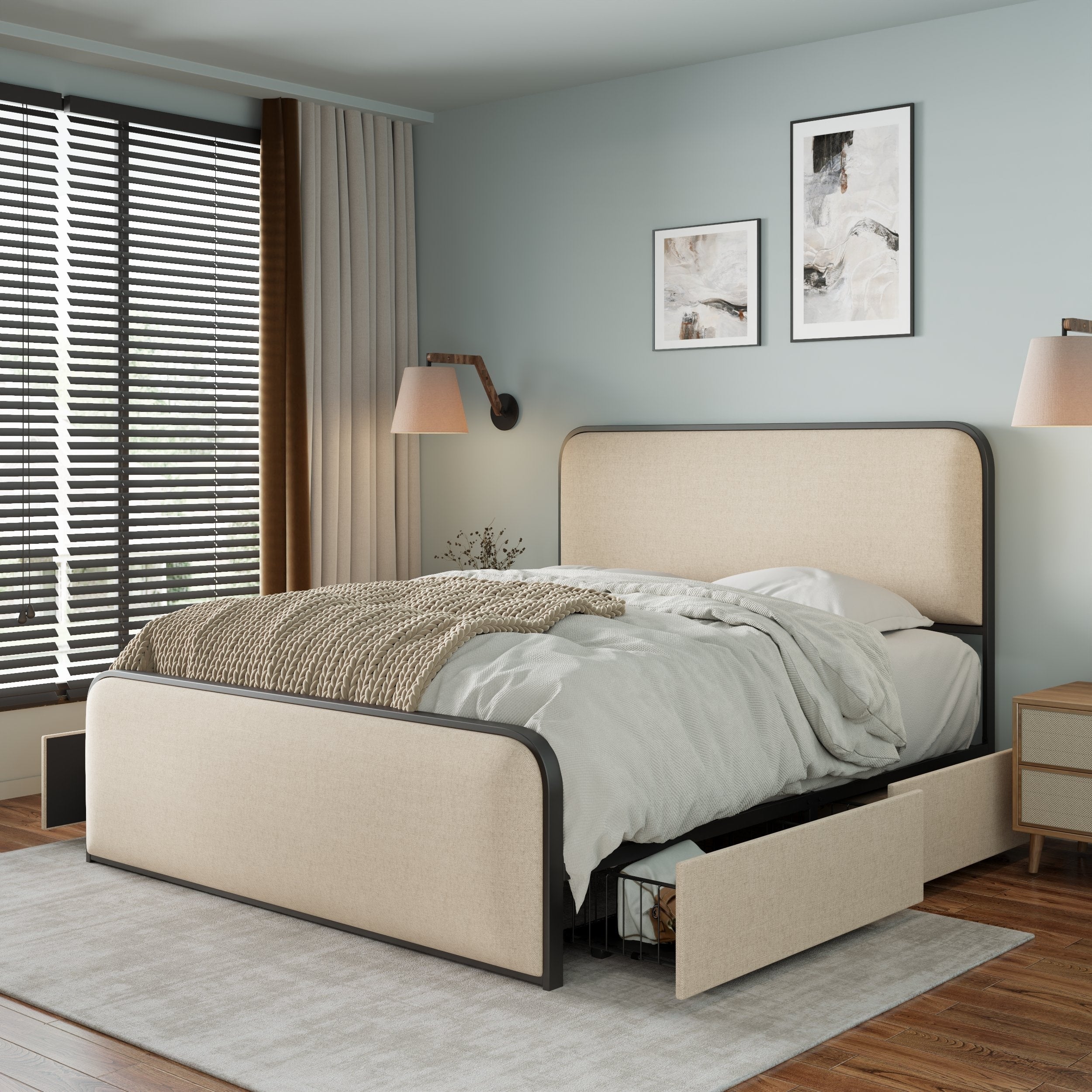 Stylish Round Corner Platform Bed With 4 Storage Drawers Heavy Duty Metal Slats
