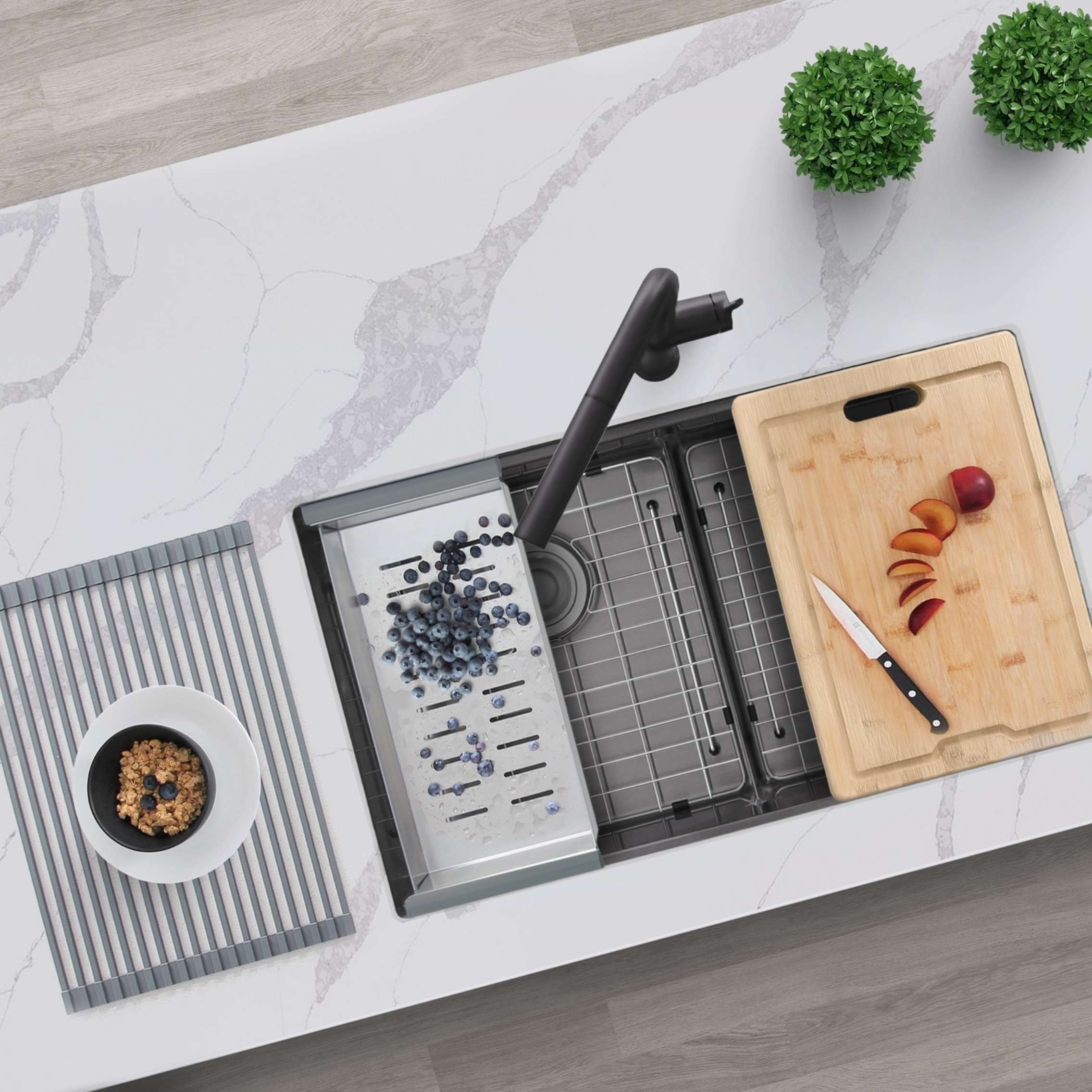 32 X 19 Double Bowl Kitchen Sink 16G Stainless Steel With Grid Bamboo Cutting Board Colander S 601Xgbc Cobalt
