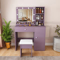Stylish Vanity Desk Set With Padded Stool Adjustable Lighted Mirror Round Bulbs 3 Color Modes Modern Makeup Vanity Desk