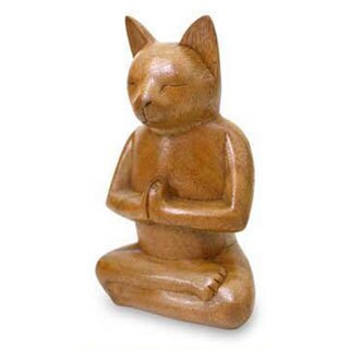 Suar Wood Cat In Deep Meditation Sculpture Handmade In Indonesia