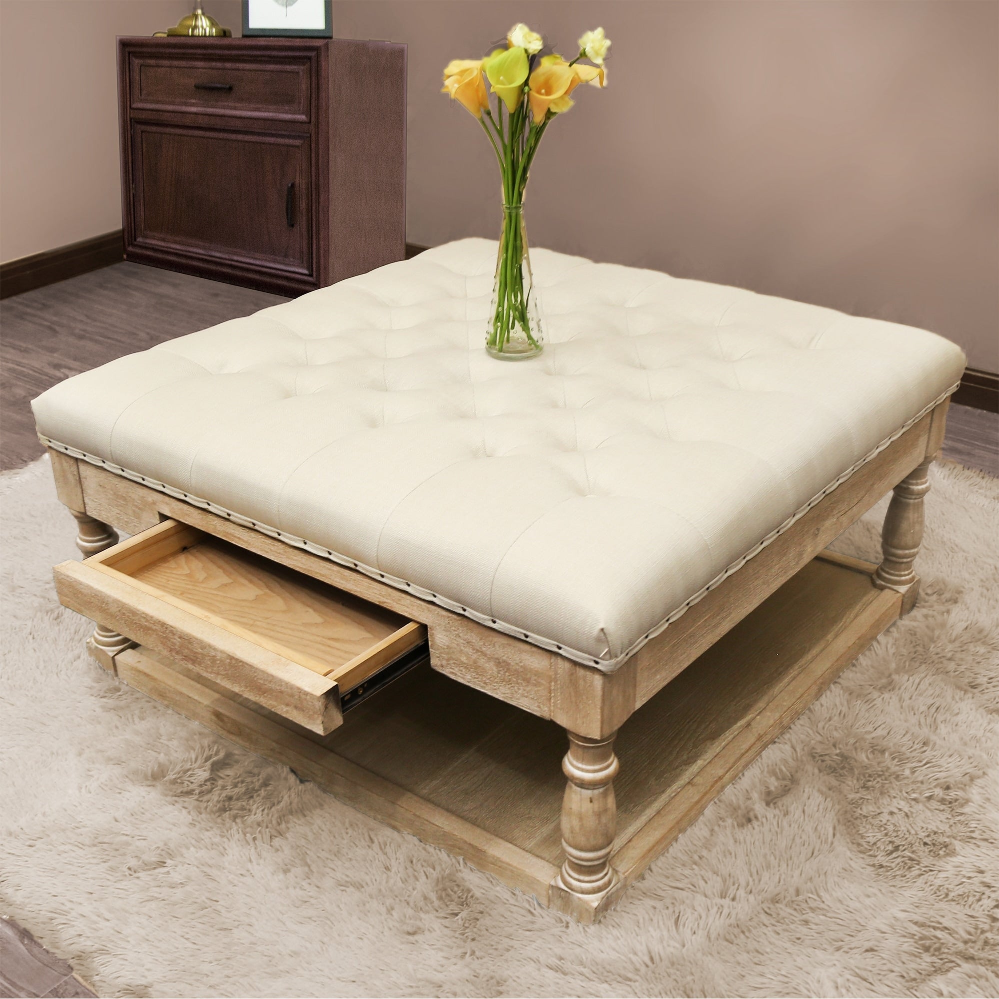 Suleiman Tufted Padded Cocktail Ottoman With Shelf And Drawer