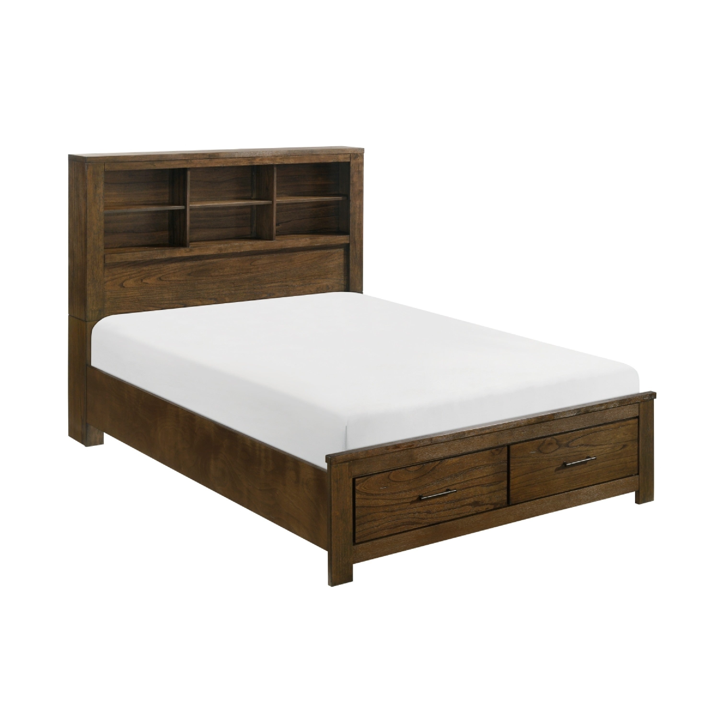 Suli Queen Bed Bookcase Headboard 2 Storage Drawers Brushed Brown