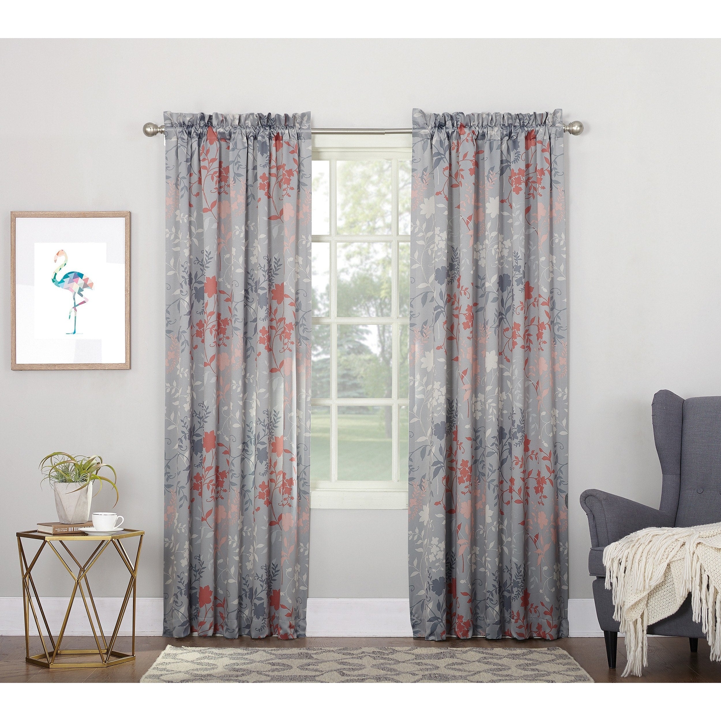 Sun Zero Andy Grey Floral Rod Pocket Room Darkening Curtain Panel