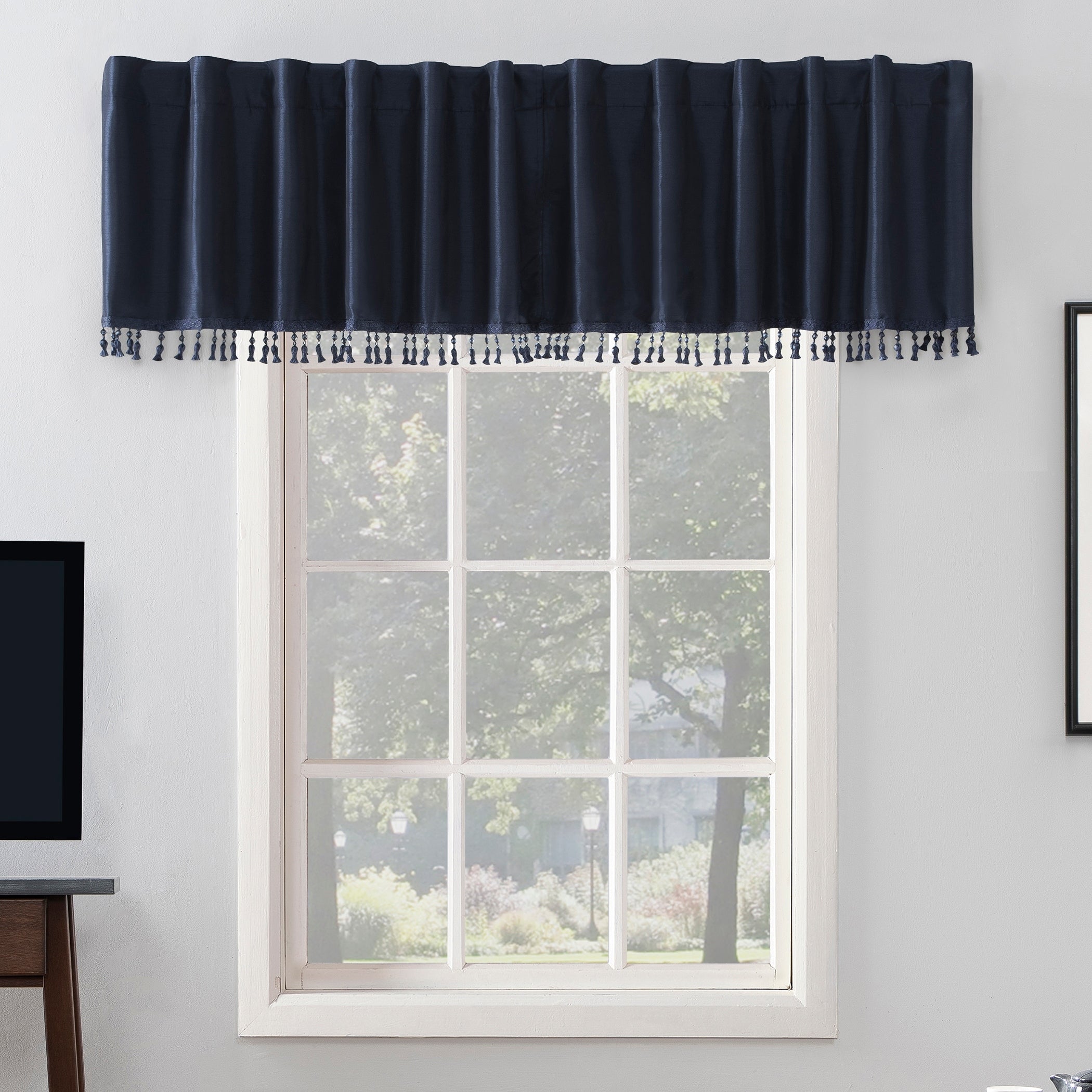 Sun Zero Evelina Faux Dupioni Silk Beaded Tassels Thermal Extreme Total Blackout Back Tab Curtain Valance 50 X 17