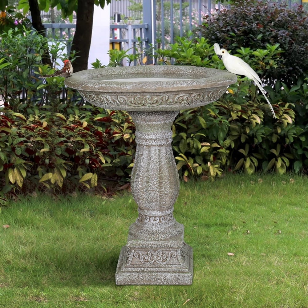 Sunjet 23.8 H Concrete Bird Bath With Carved Pedestal Birdbath For Outdoor 23.8 H 20 W 20 D