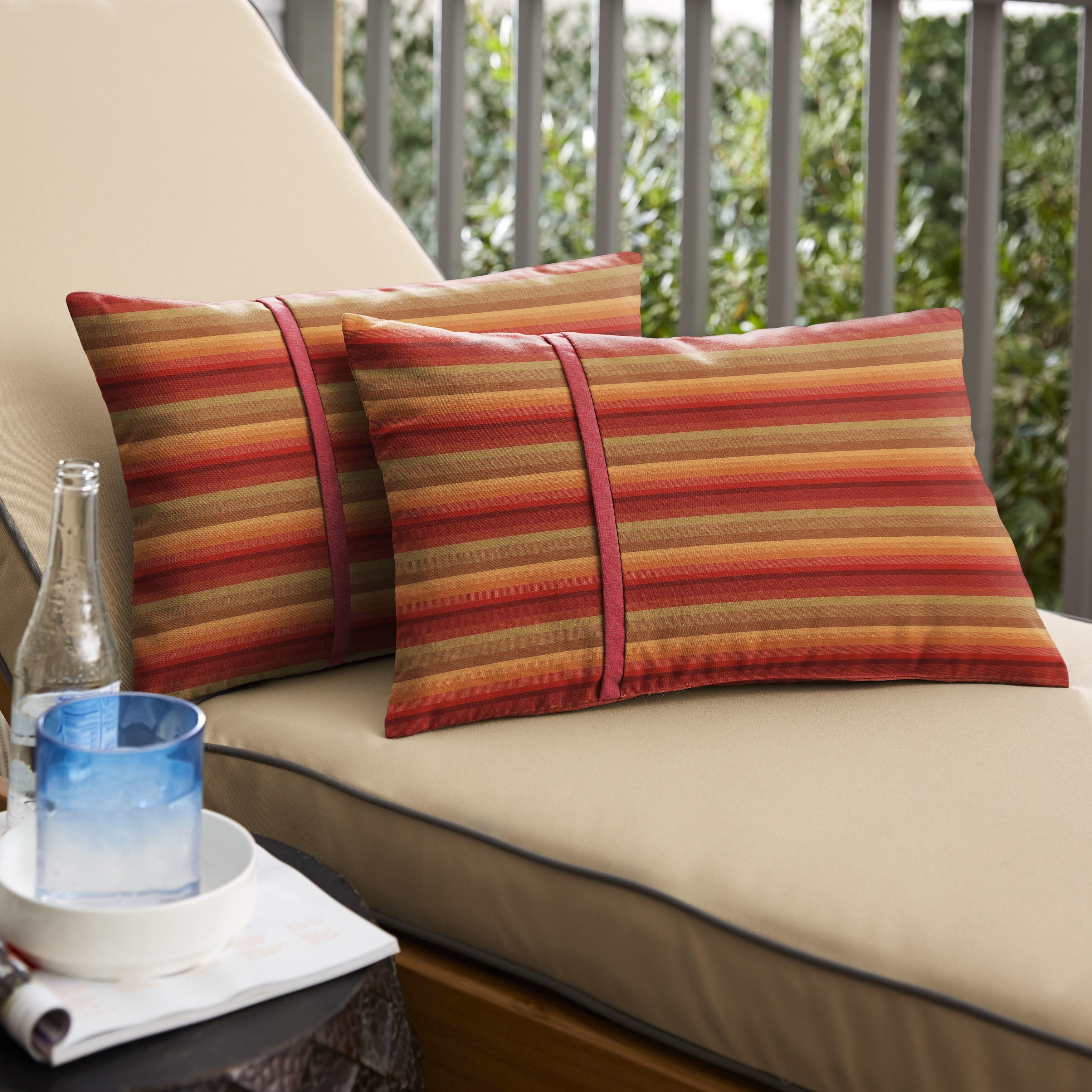 Humble Haute Sunbrella Astoria Sunset Stripe And Dupione Crimson Small Flange Indoor Outdoor Lumbar Pillow Set Of 2