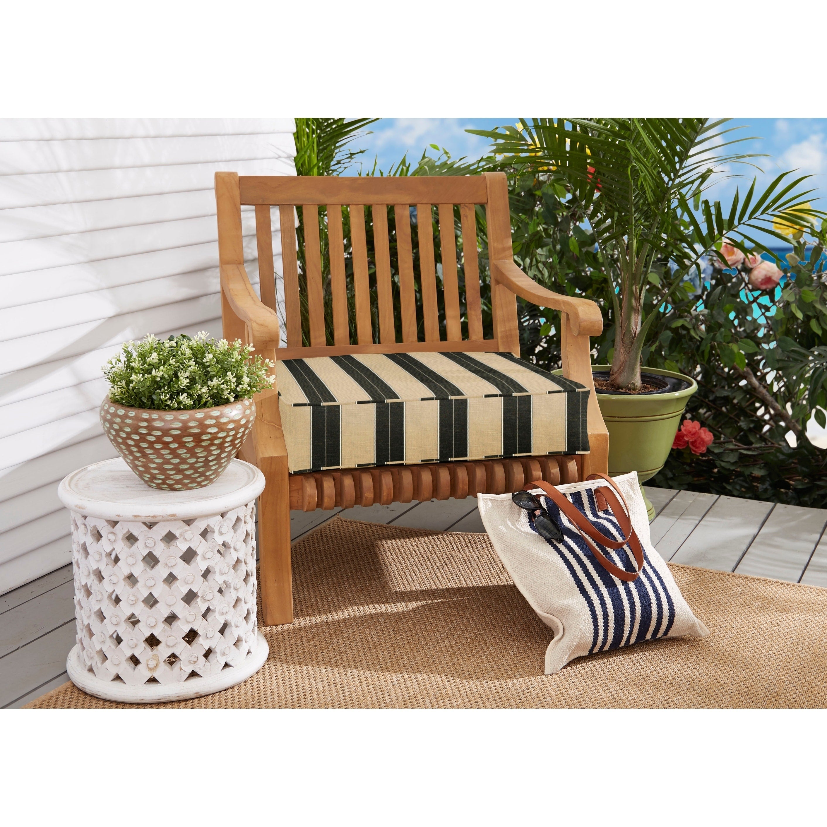 Sunbrella Beige Black Stripe Indoor Outdoor Deep Seating Cushion Corded