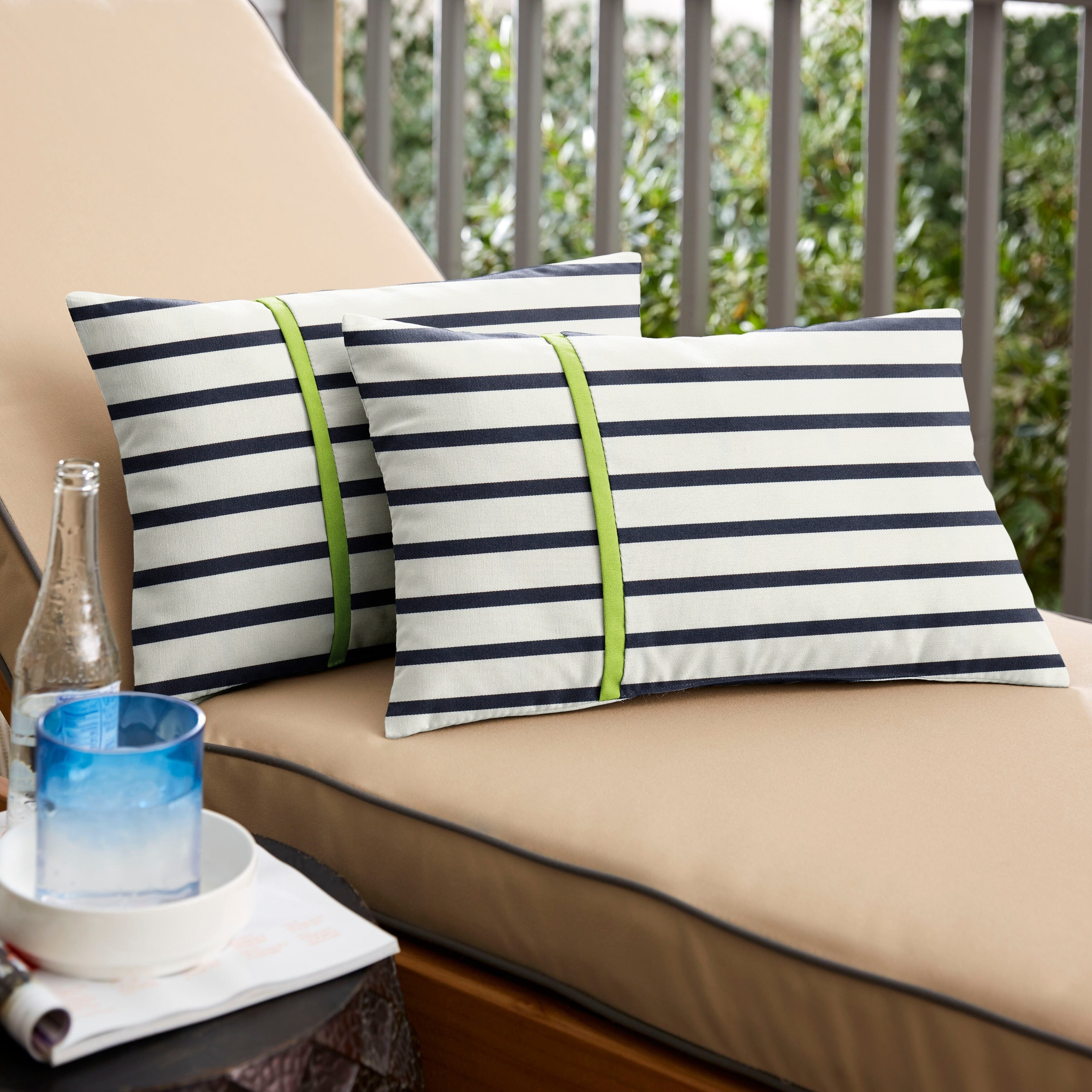 Sunbrella Blue Stripes With Macaw Green Indoor Outdoor Lumbar Pillows Set Of 2