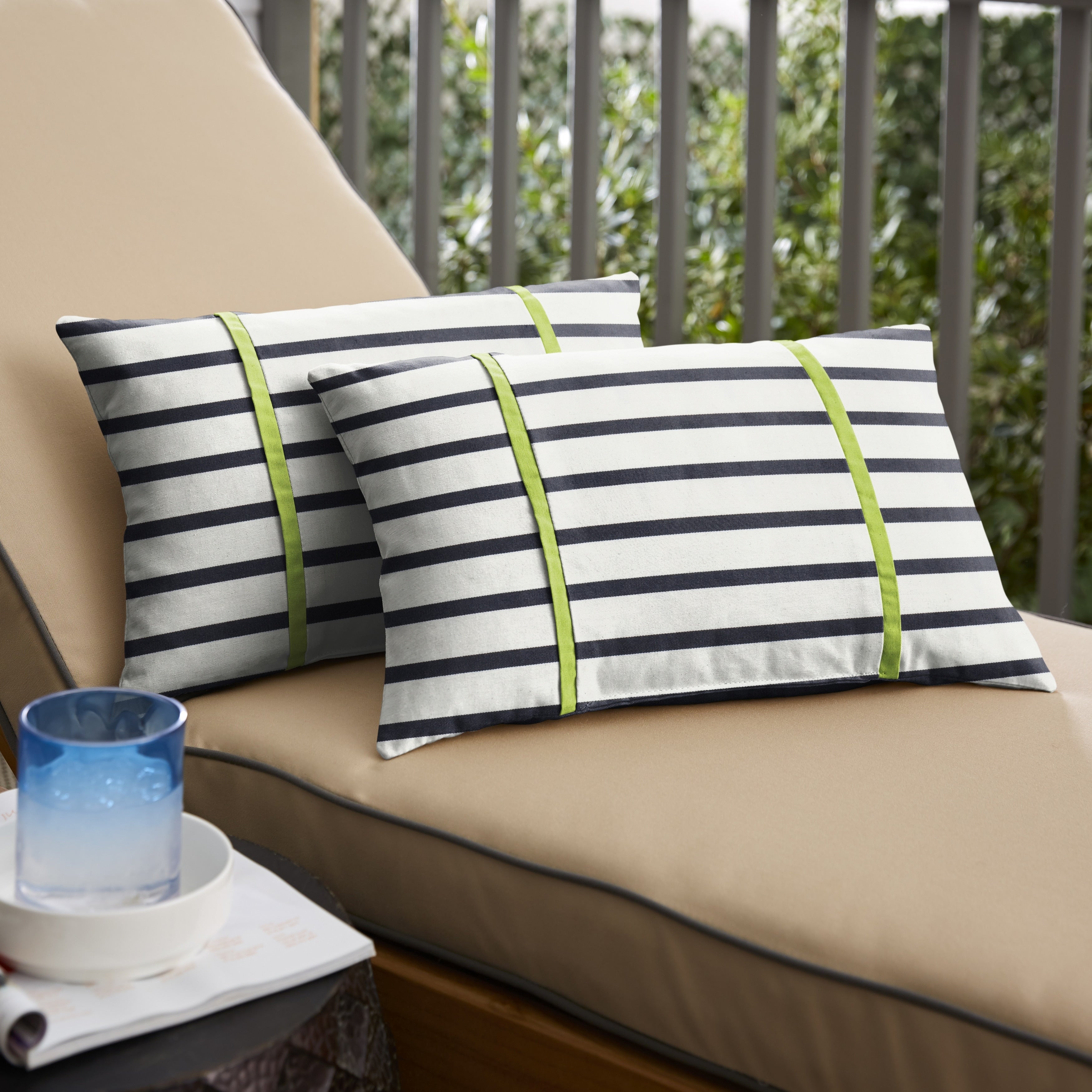 Sunbrella Blue Stripes With Macaw Green Indoor Outdoor Lumbar Pillows Set Of 2