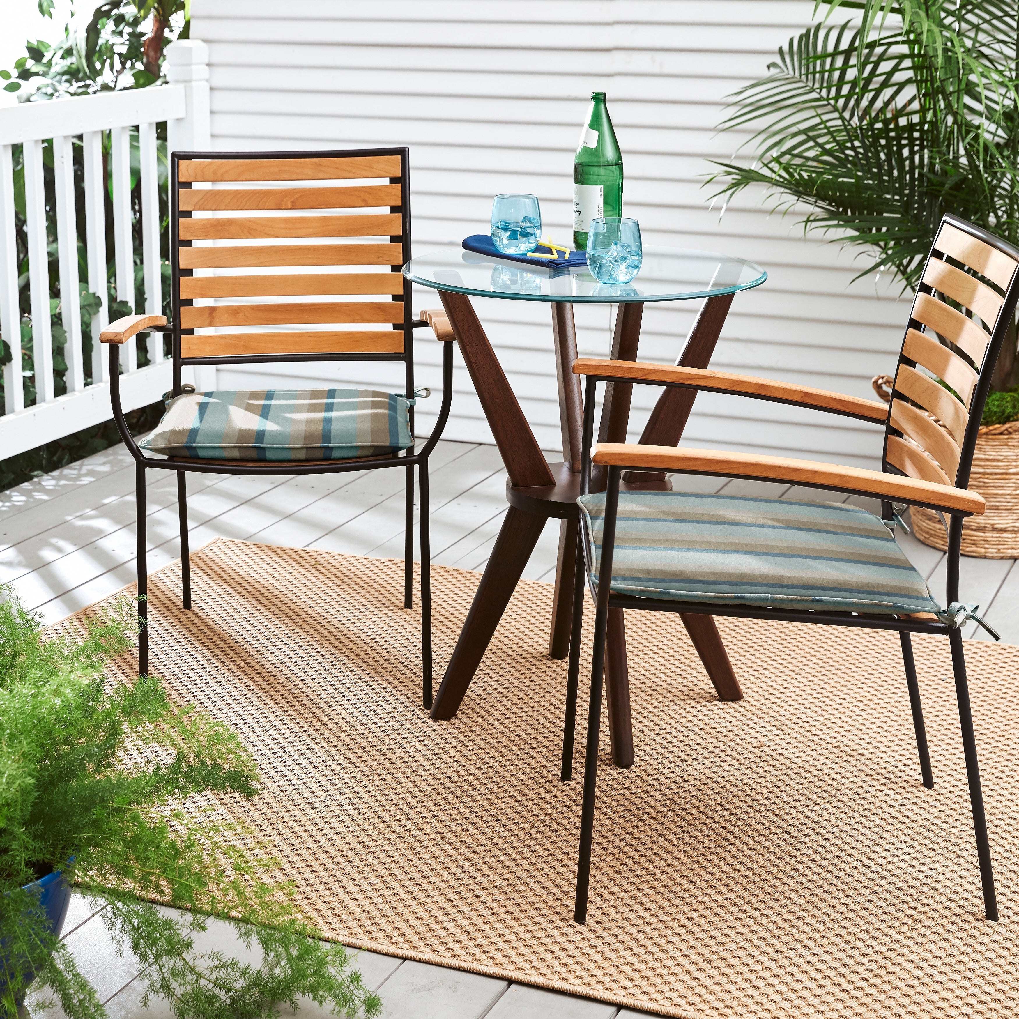 Sunbrella Blue Taupe Stripe Indoor Outdoor Chair Pad Set Corded.