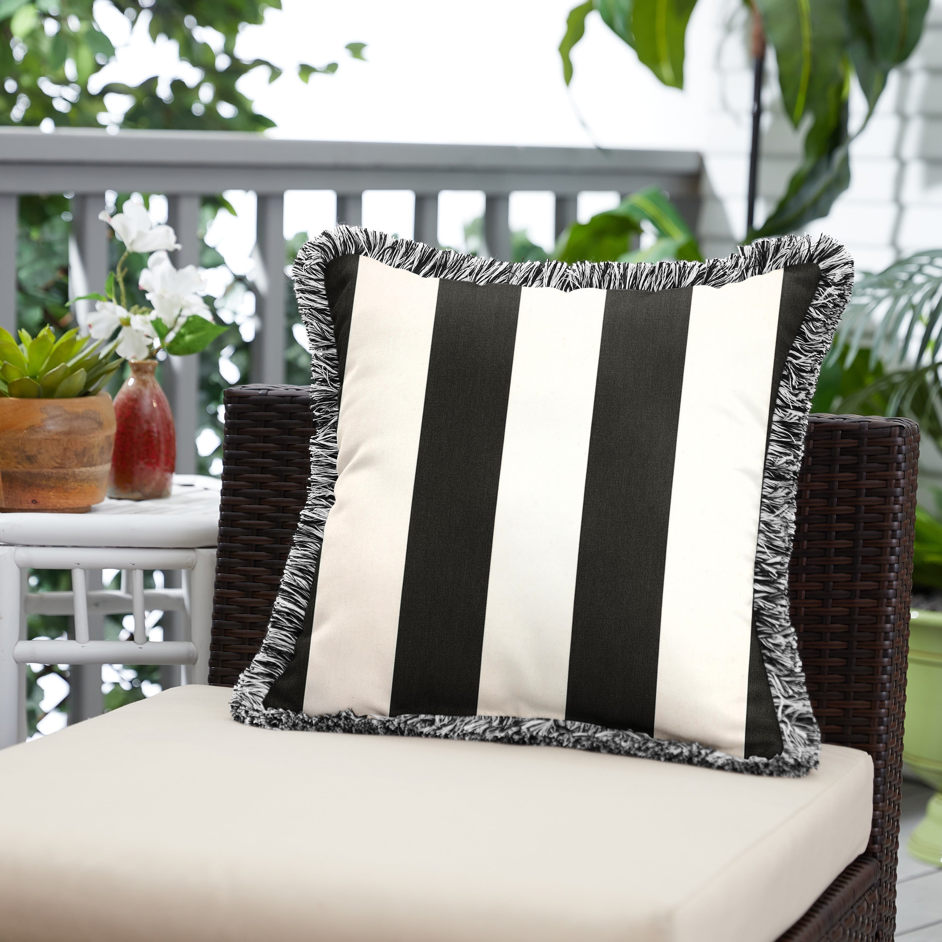 Sunbrella Cabana Stripe Indoor Outdoor Square Pillow With Fringe Black White Fringe