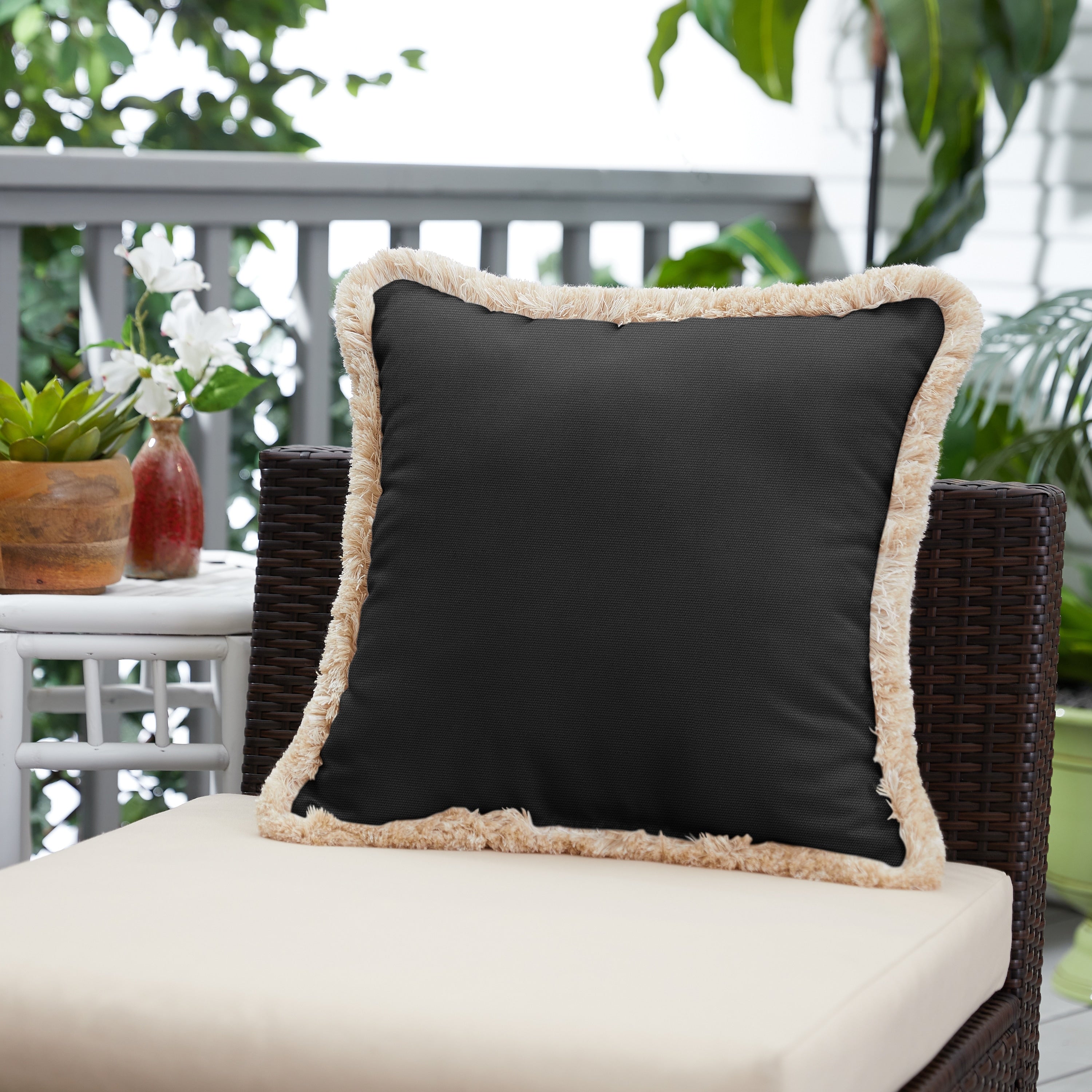 Sunbrella Canvas Black Indoor Outdoor Square Pillow With Fringe