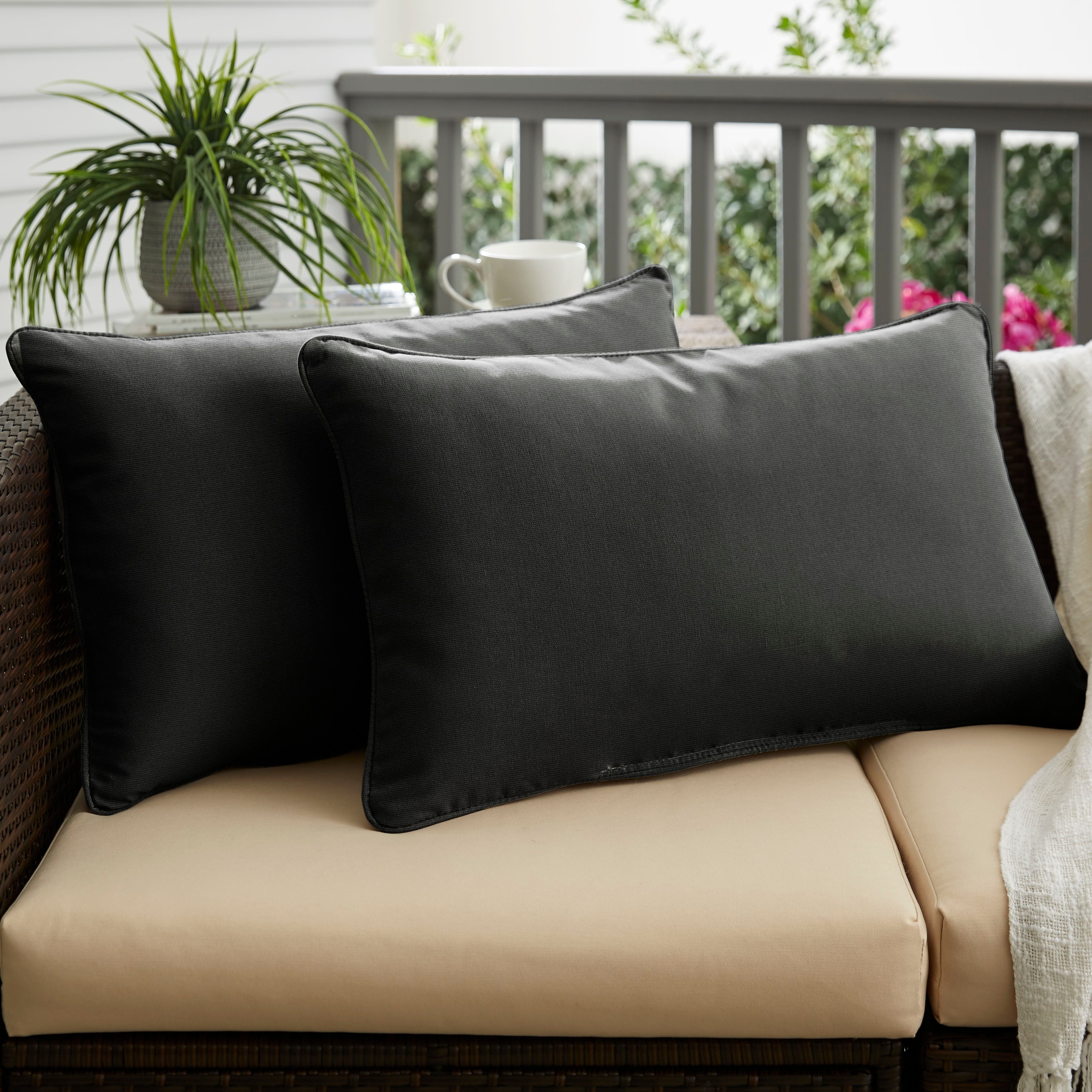 Sunbrella Canvas Black Indoor Outdoor Corded Lumbar Pillow Set Of 2