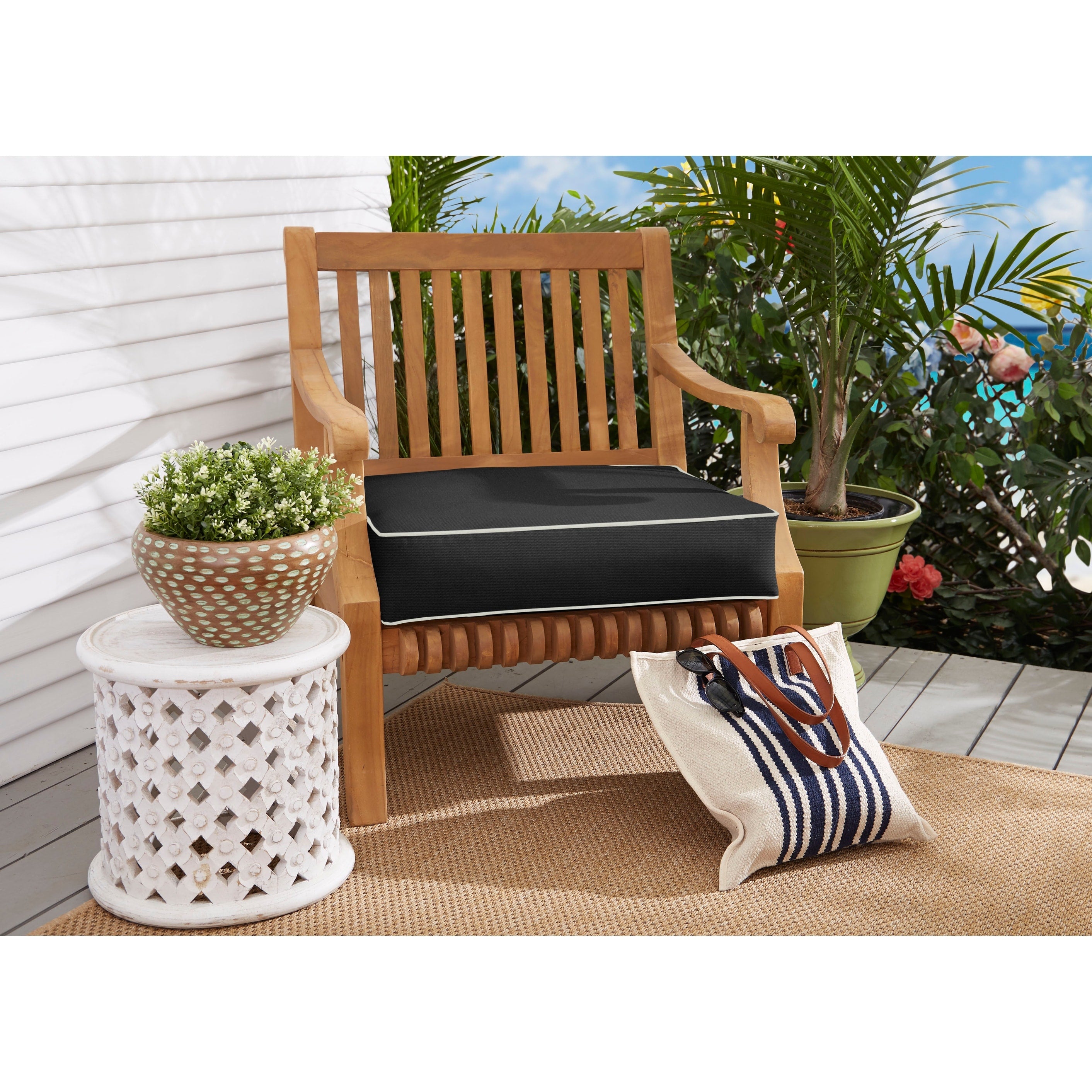 Sunbrella Canvas Black With Ivory Indoor Outdoor Deep Seating Cushion Corded