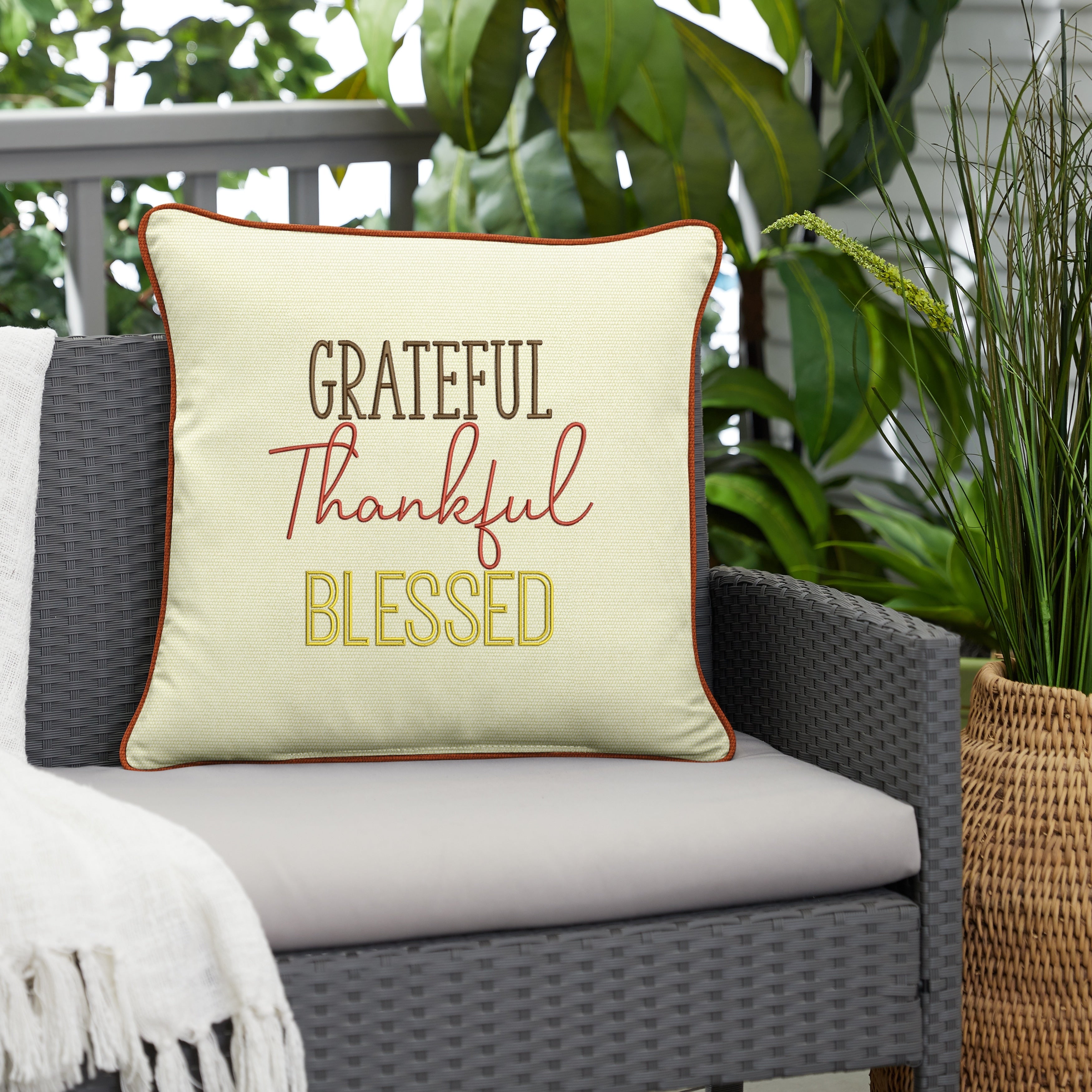 Sunbrella Canvas Natural Canvas Natural Grateful Thankful Blessed Indoor Outdoor Pillow 18 In X 18 In