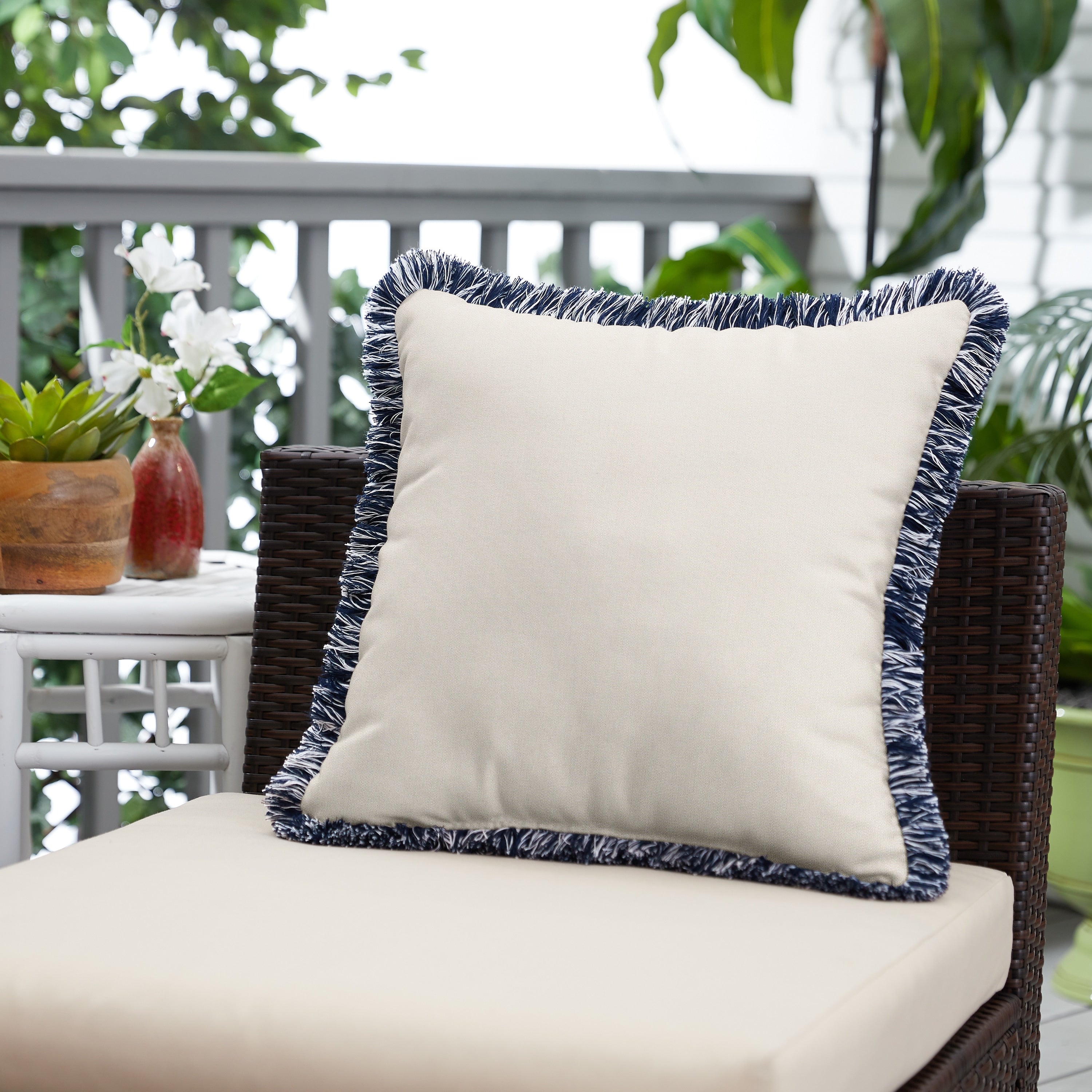 Sunbrella Canvas Natural Indoor Outdoor Square Pillow With Fringe