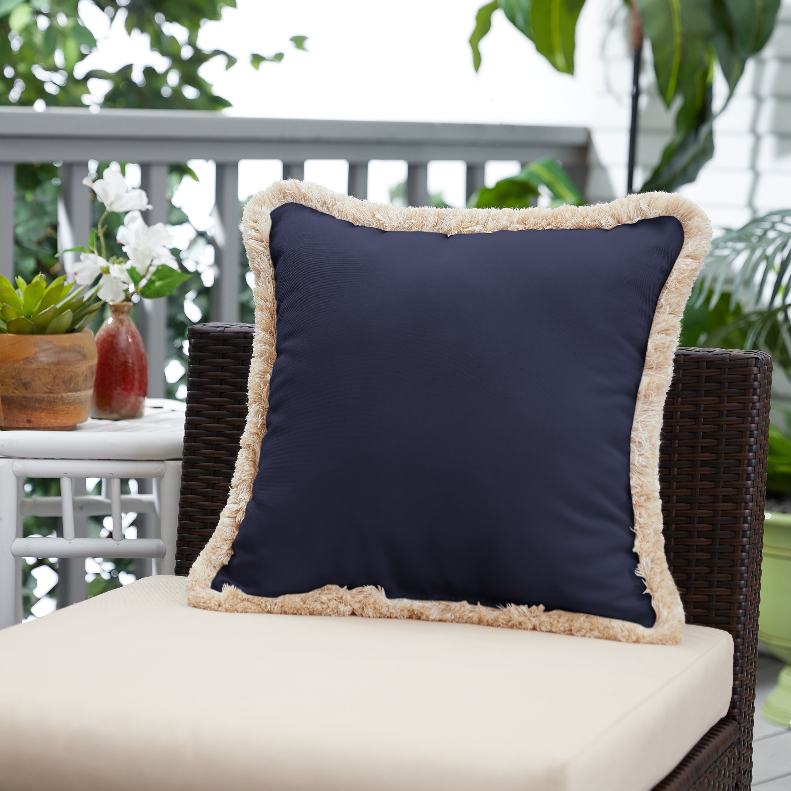 Sunbrella Canvas Navy Indoor Outdoor Square Pillow With Fringe