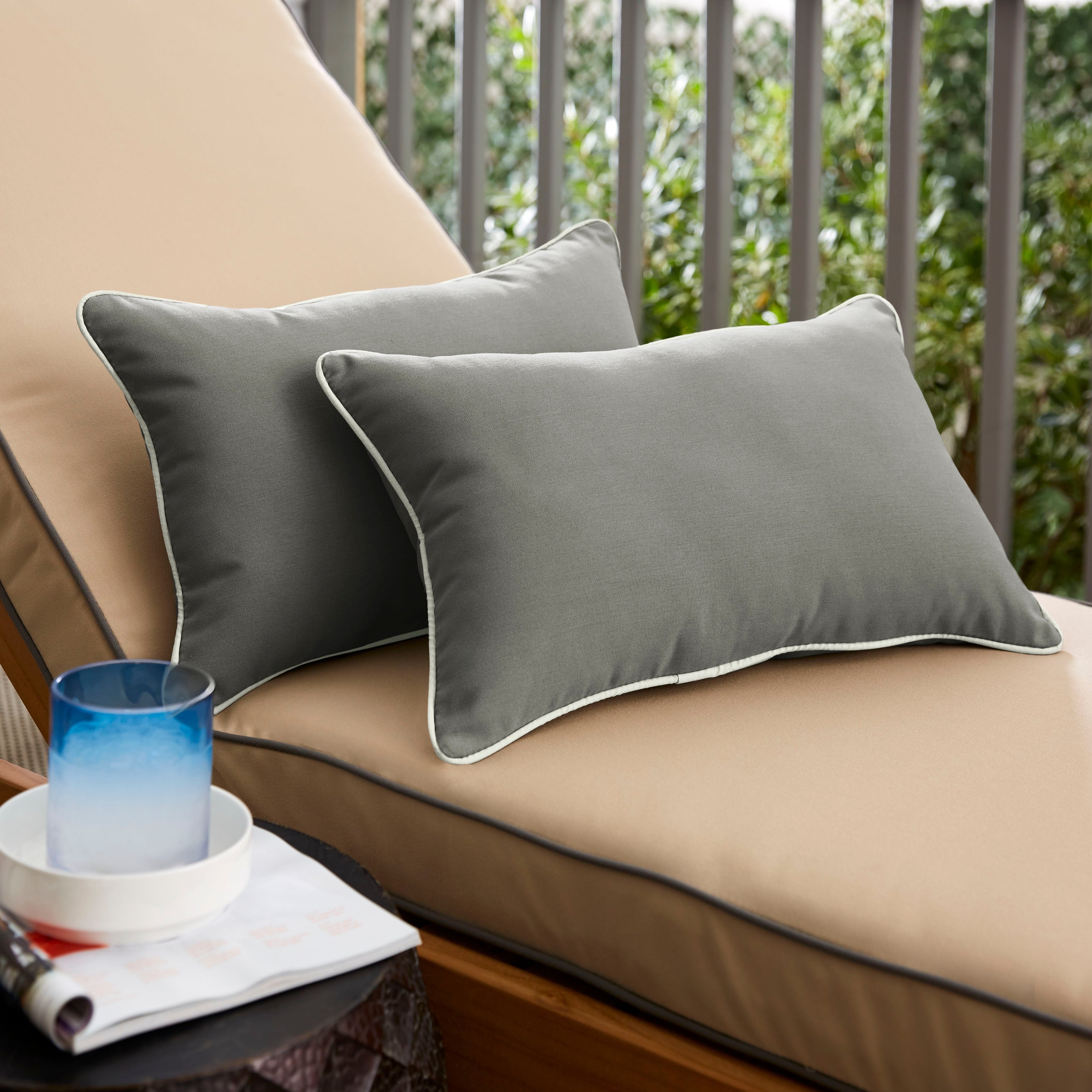 Sunbrella Charcoal Grey With Ivory Indoor Outdoor Corded Lumbar Pillows Set Of 2 12 In H X 24 In W