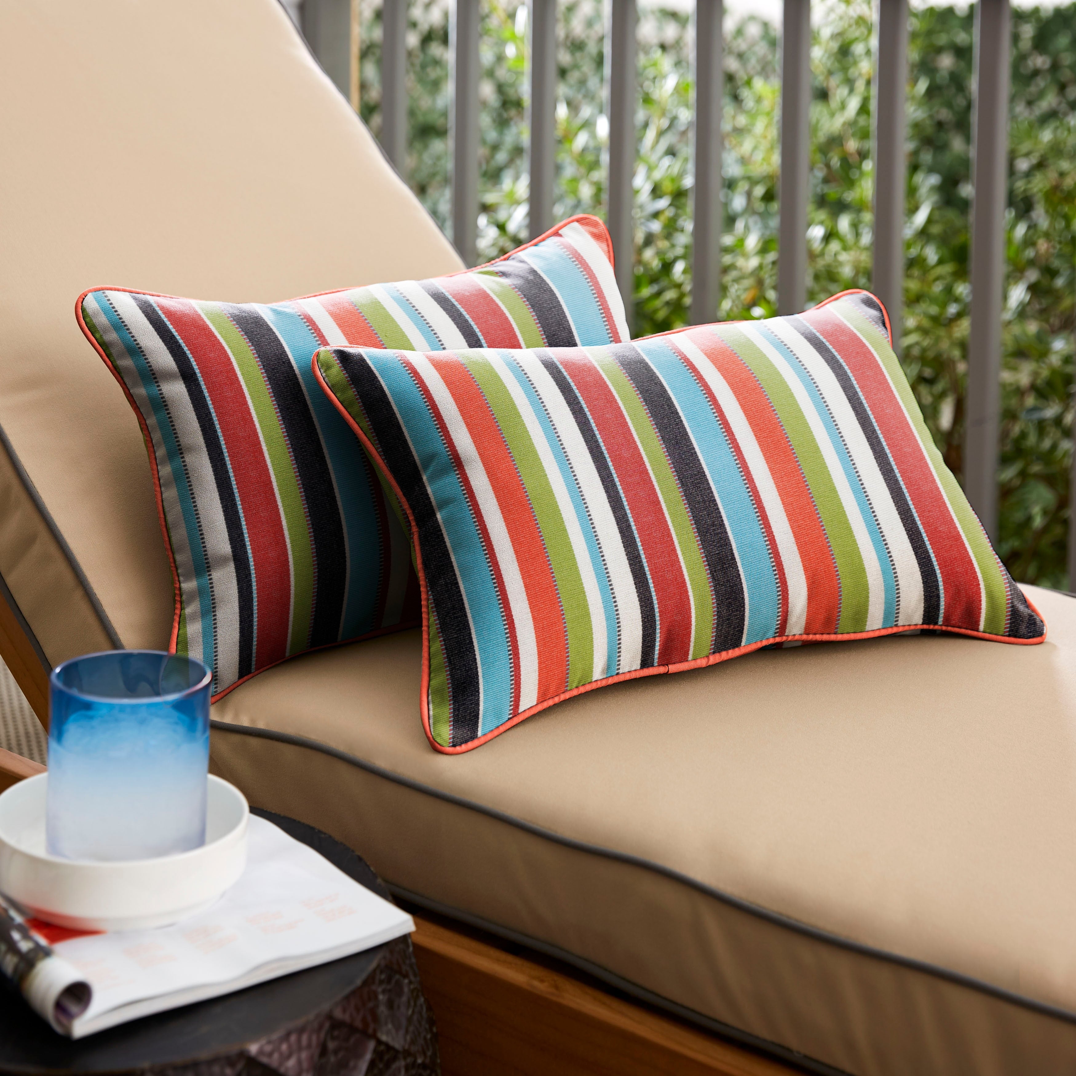 Sunbrella Colorful Stripe With Melon Coral Orange Indoor Outdoor Corded Lumbar Pillows Set Of 4 16 In H X 26 In W