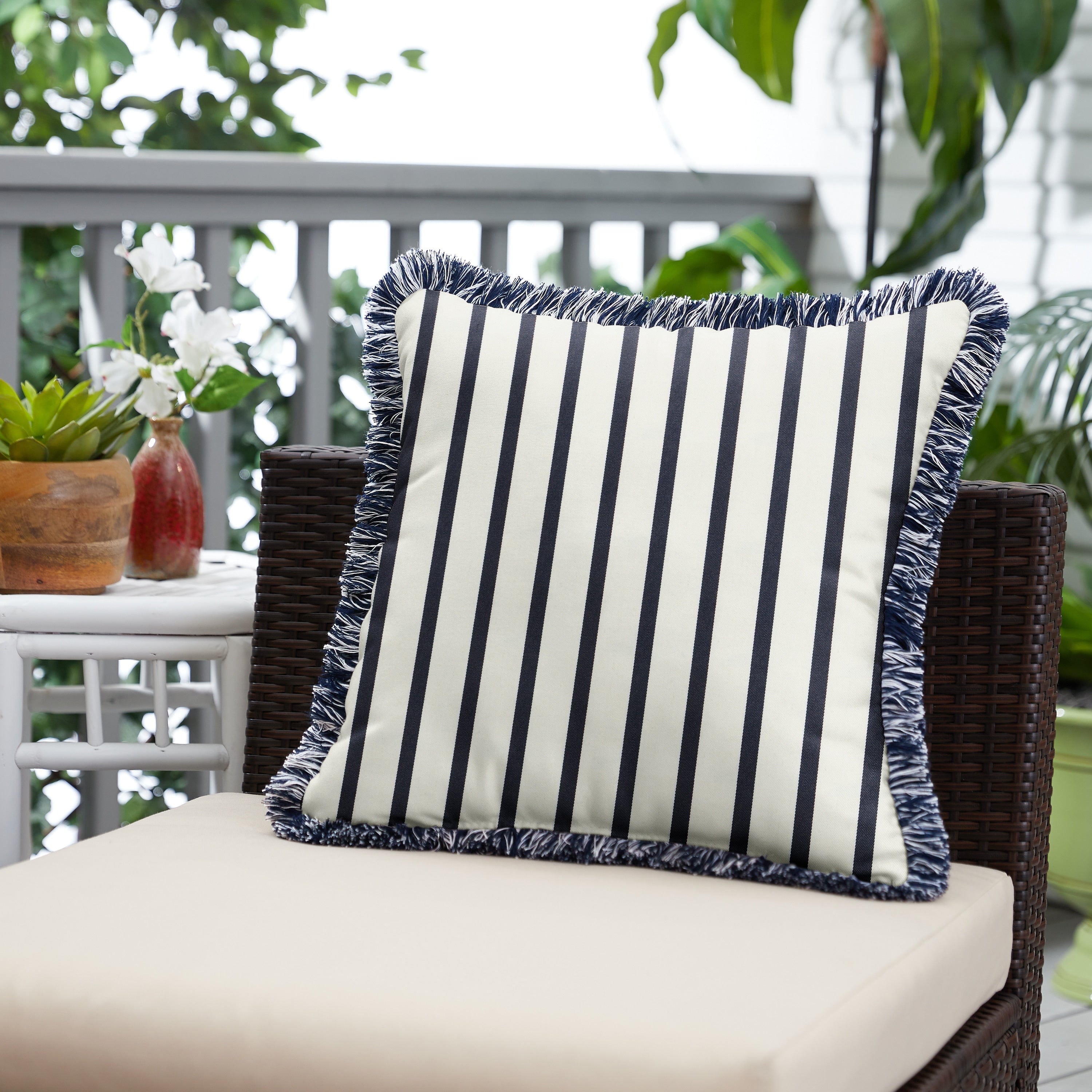 Sunbrella Lido Indigo Striped Indoor Outdoor Square Pillow With Fringe Navy White Fringe